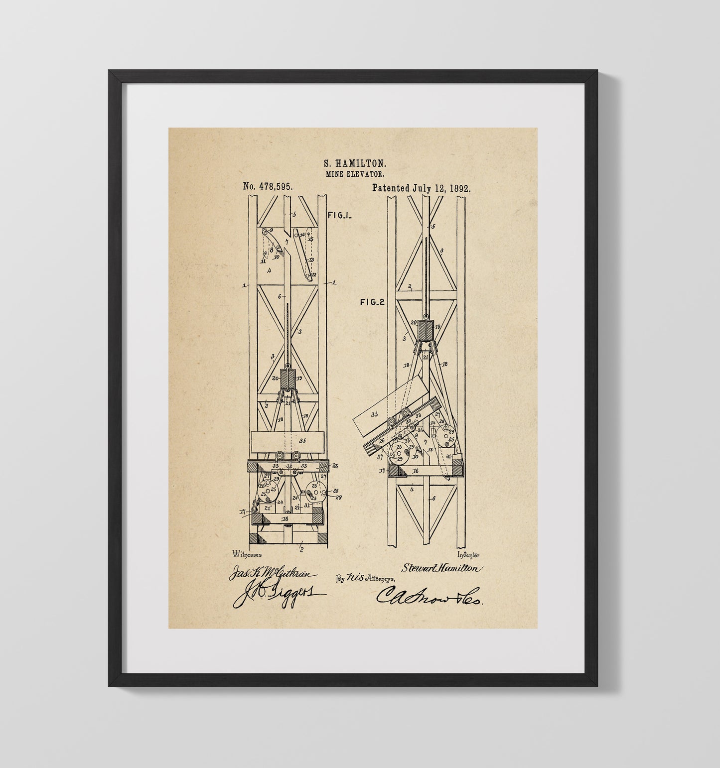 Patent Print - Mine Elevator - Stewart Hamilton - 1892 - Patent 478595 Patent Wall Art