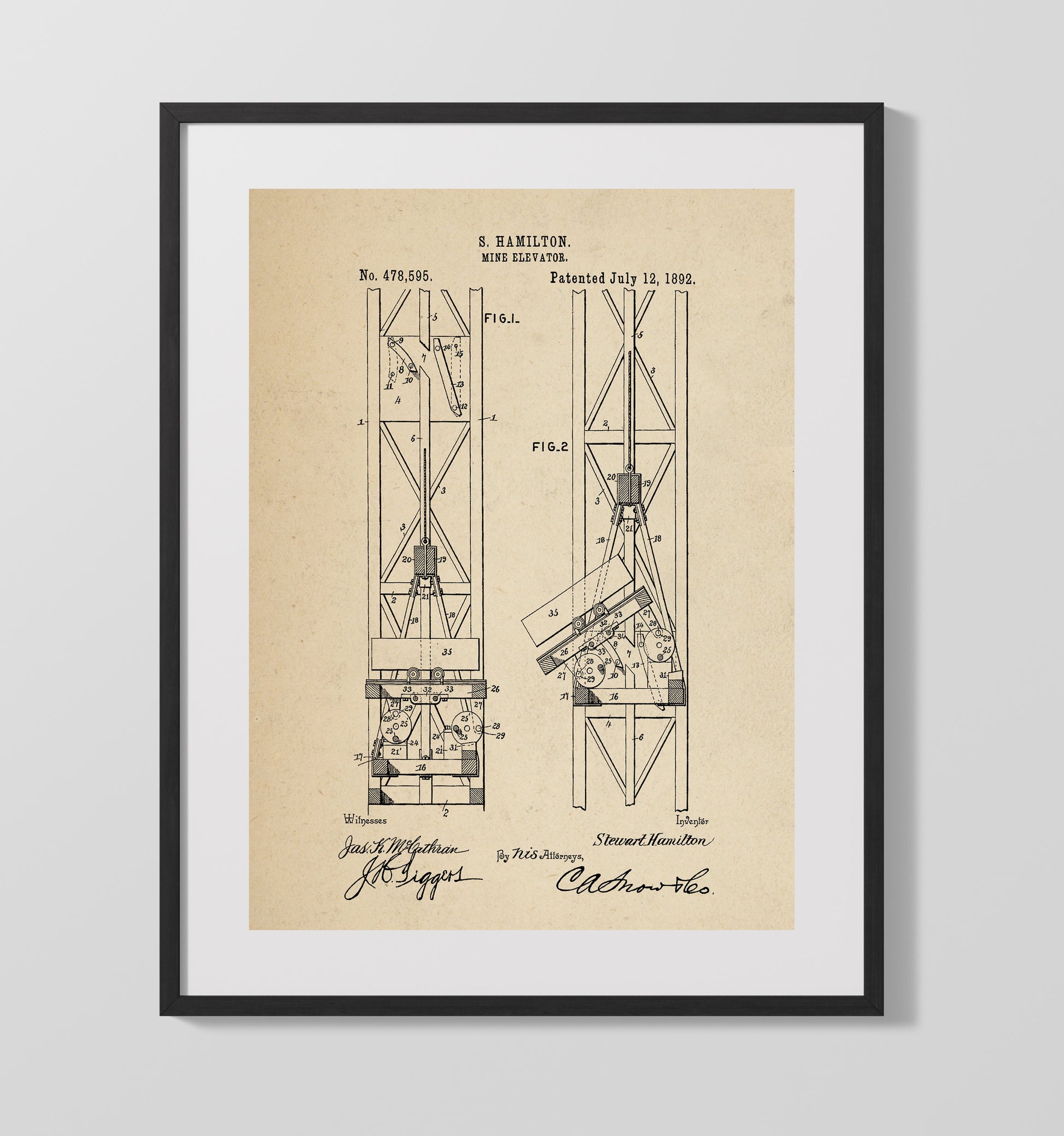 Patent Print - Mine Elevator - Stewart Hamilton - 1892 - Patent 478595 Patent Wall Art