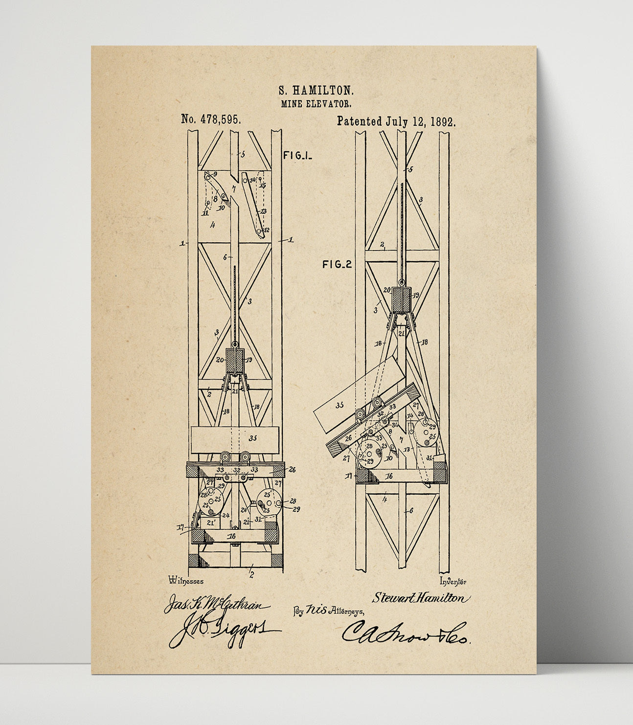 Patent Print - Mine Elevator - Stewart Hamilton - 1892 - Patent 478595 Patent Wall Art