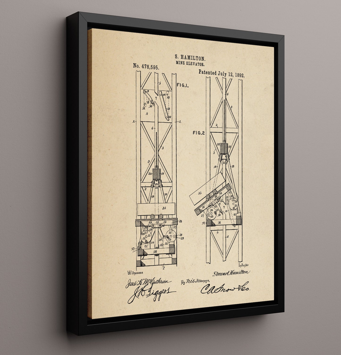 Patent Print - Mine Elevator - Stewart Hamilton - 1892 - Patent 478595 Patent Wall Art