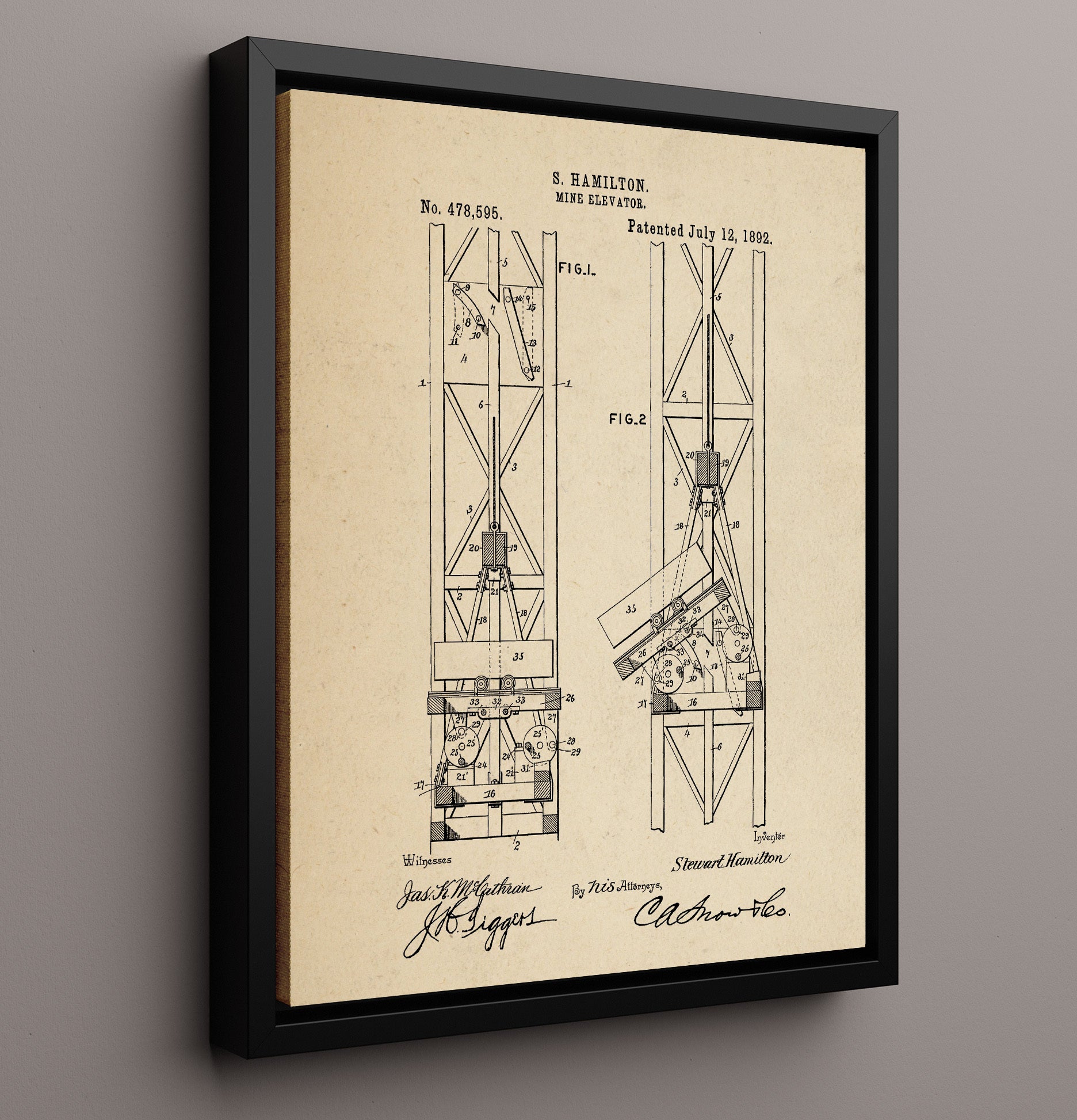 Patent Print - Mine Elevator - Stewart Hamilton - 1892 - Patent 478595 Patent Wall Art