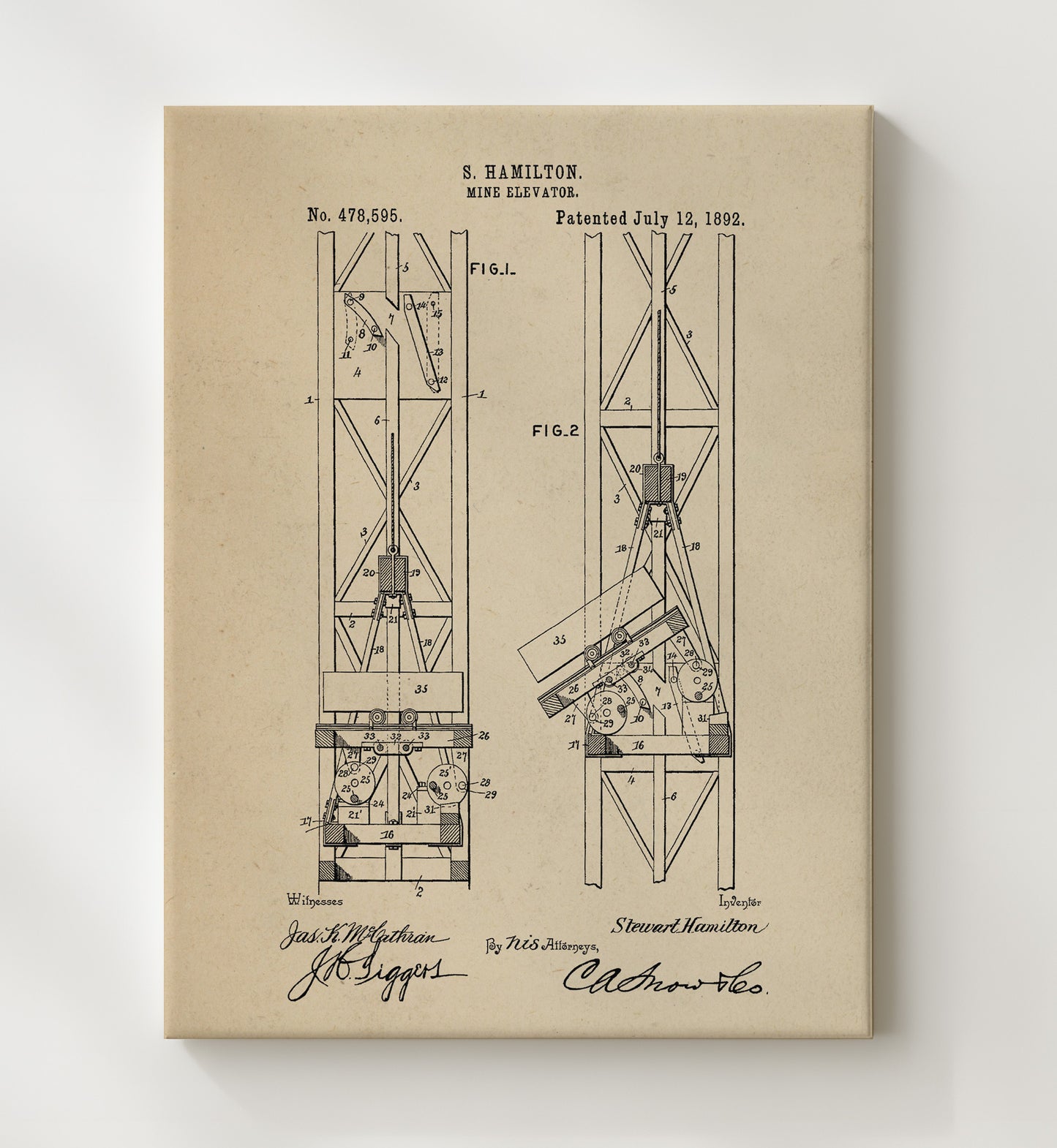 Patent Print - Mine Elevator - Stewart Hamilton - 1892 - Patent 478595 Patent Wall Art
