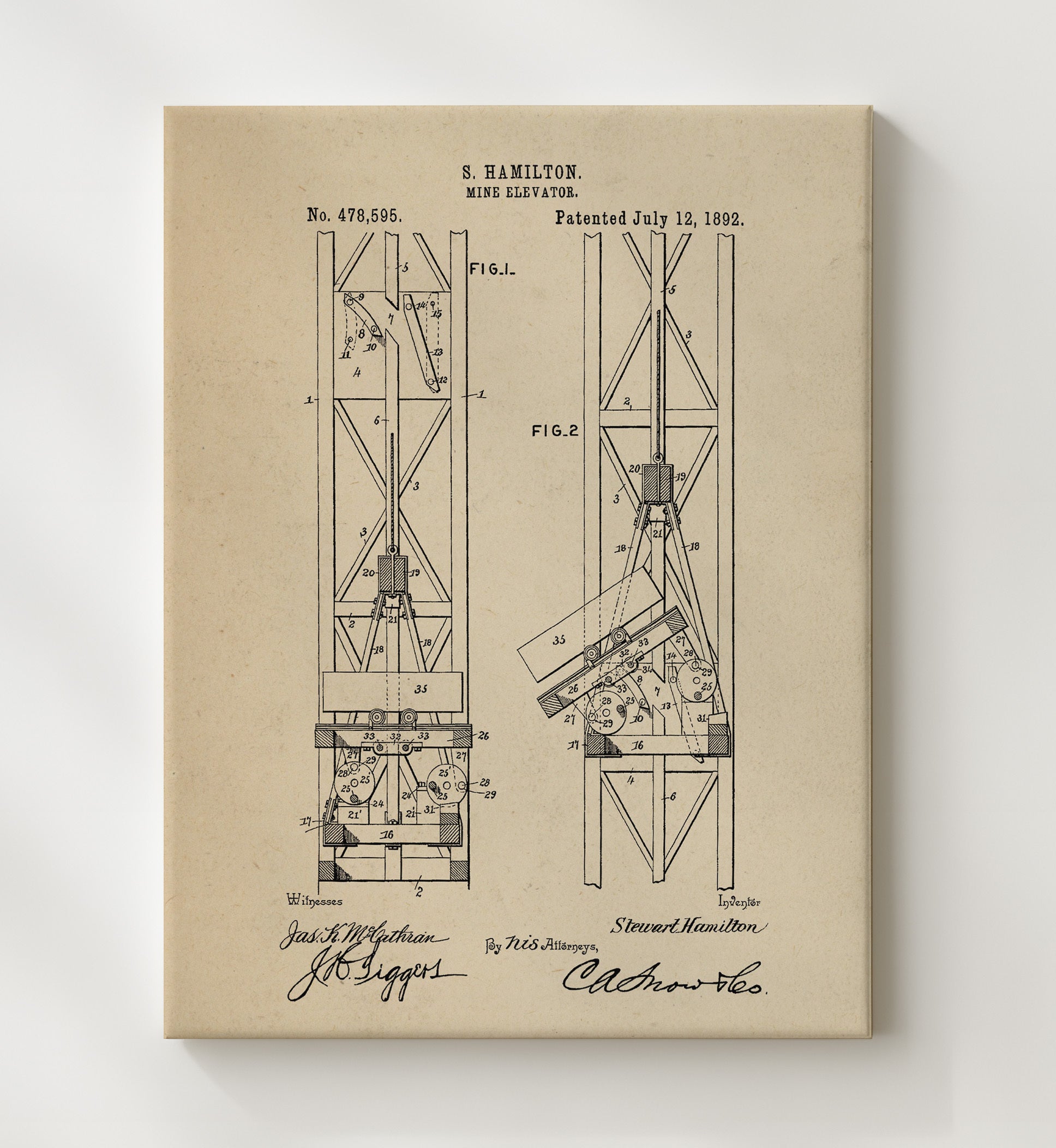 Patent Print - Mine Elevator - Stewart Hamilton - 1892 - Patent 478595 Patent Wall Art