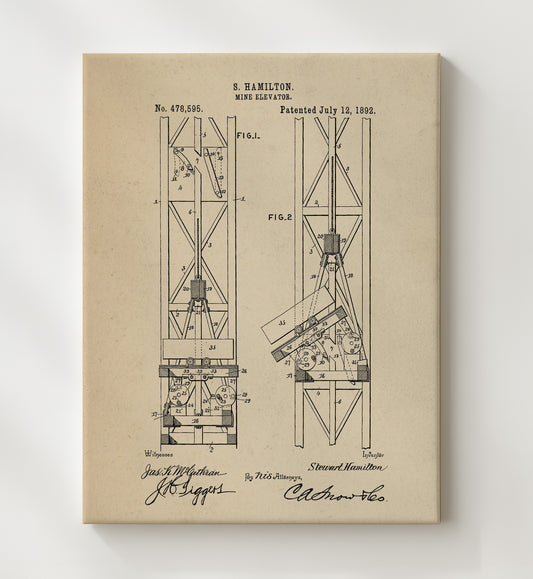 Mine Elevator 1892 patent print wall art 8x10 Canvas