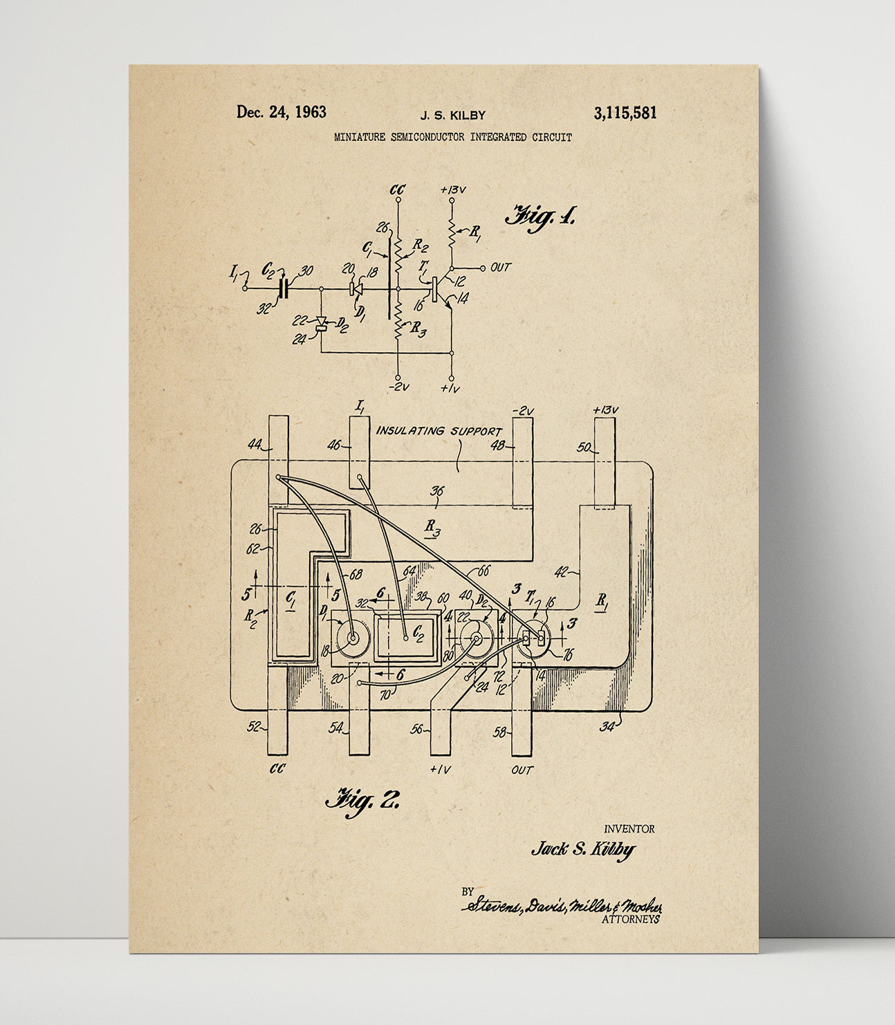 Patent Print - Miniature Semiconductor Integrated Circuit - Jack S Kilby - 1963 - Patent 3115581 Patent Wall Art