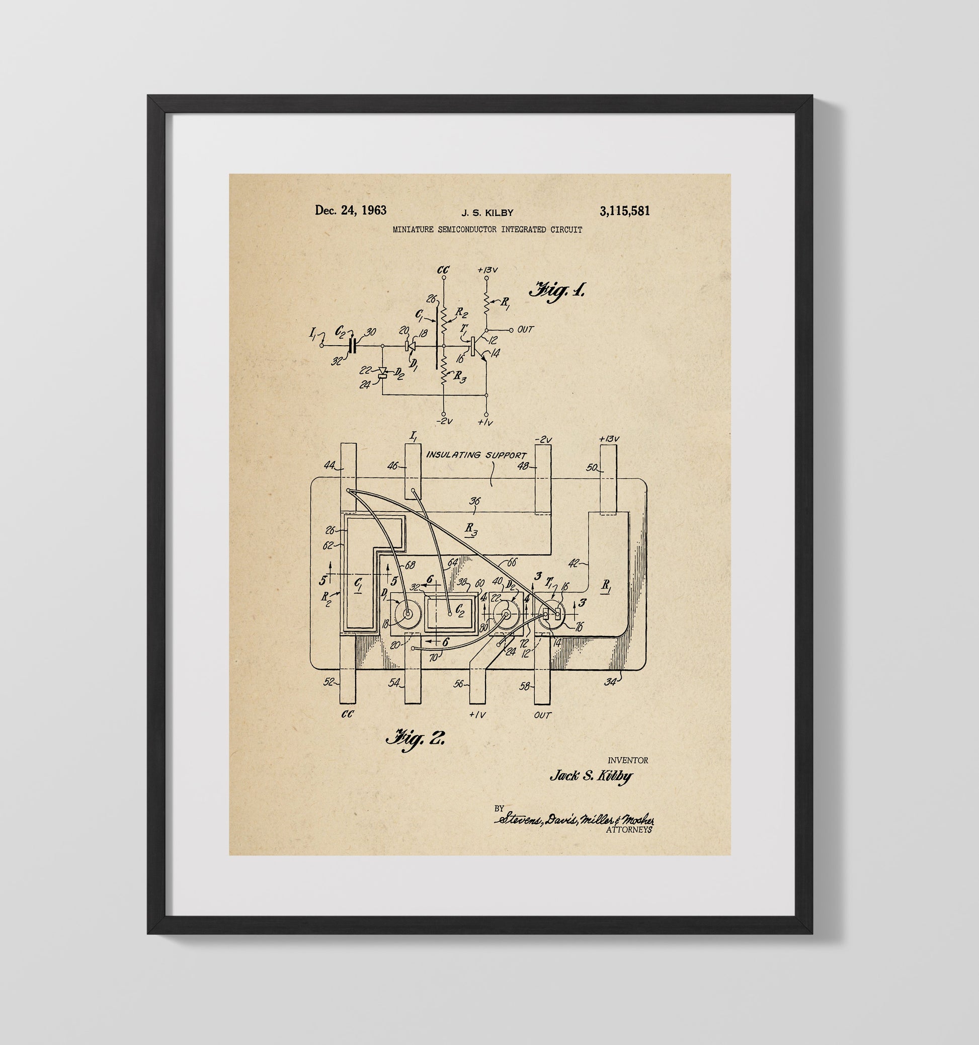 Patent Print - Miniature Semiconductor Integrated Circuit - Jack S Kilby - 1963 - Patent 3115581 Patent Wall Art