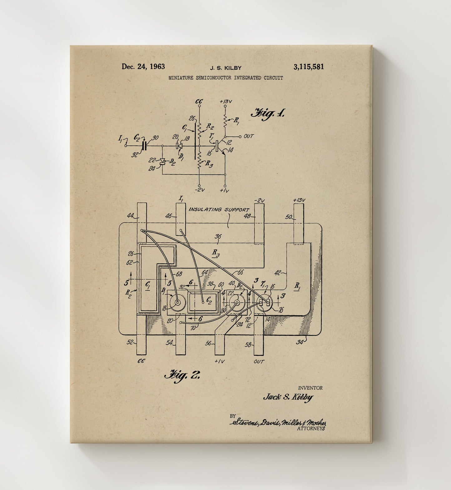 Patent Print - Miniature Semiconductor Integrated Circuit - Jack S Kilby - 1963 - Patent 3115581 Patent Wall Art
