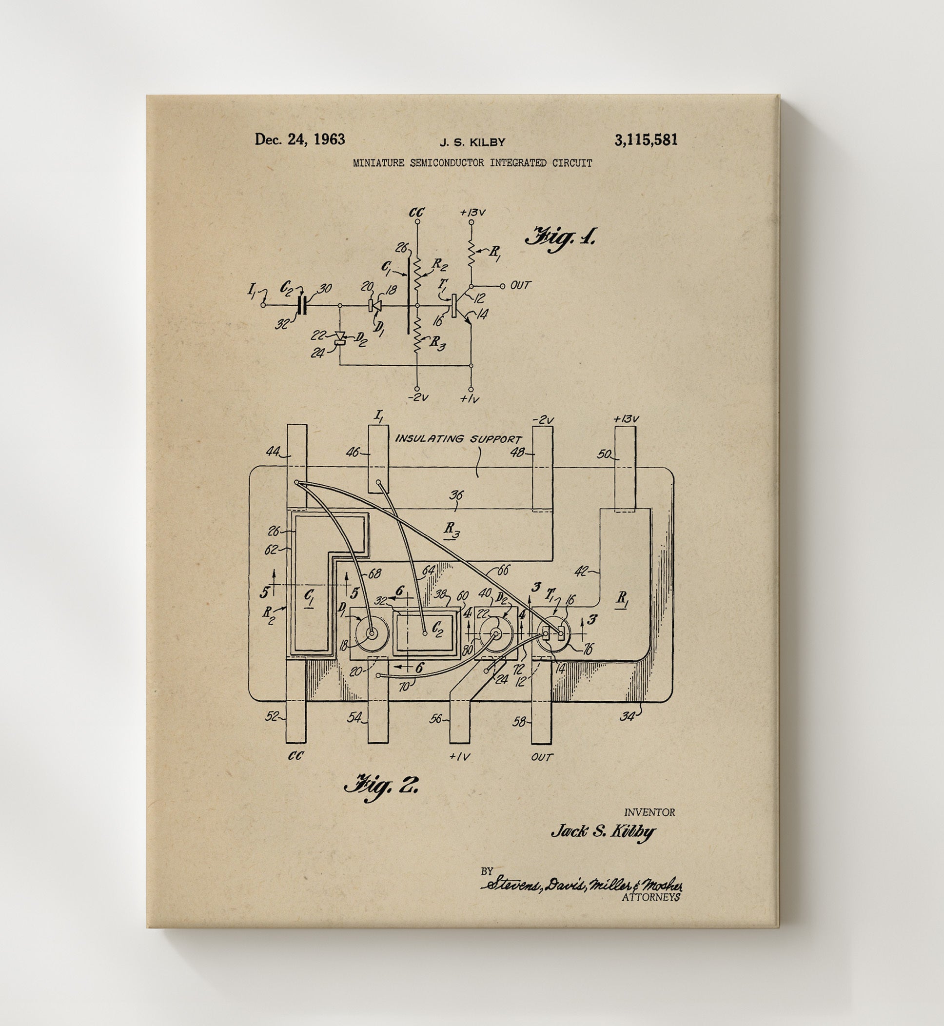 Patent Print - Miniature Semiconductor Integrated Circuit - Jack S Kilby - 1963 - Patent 3115581 Patent Wall Art