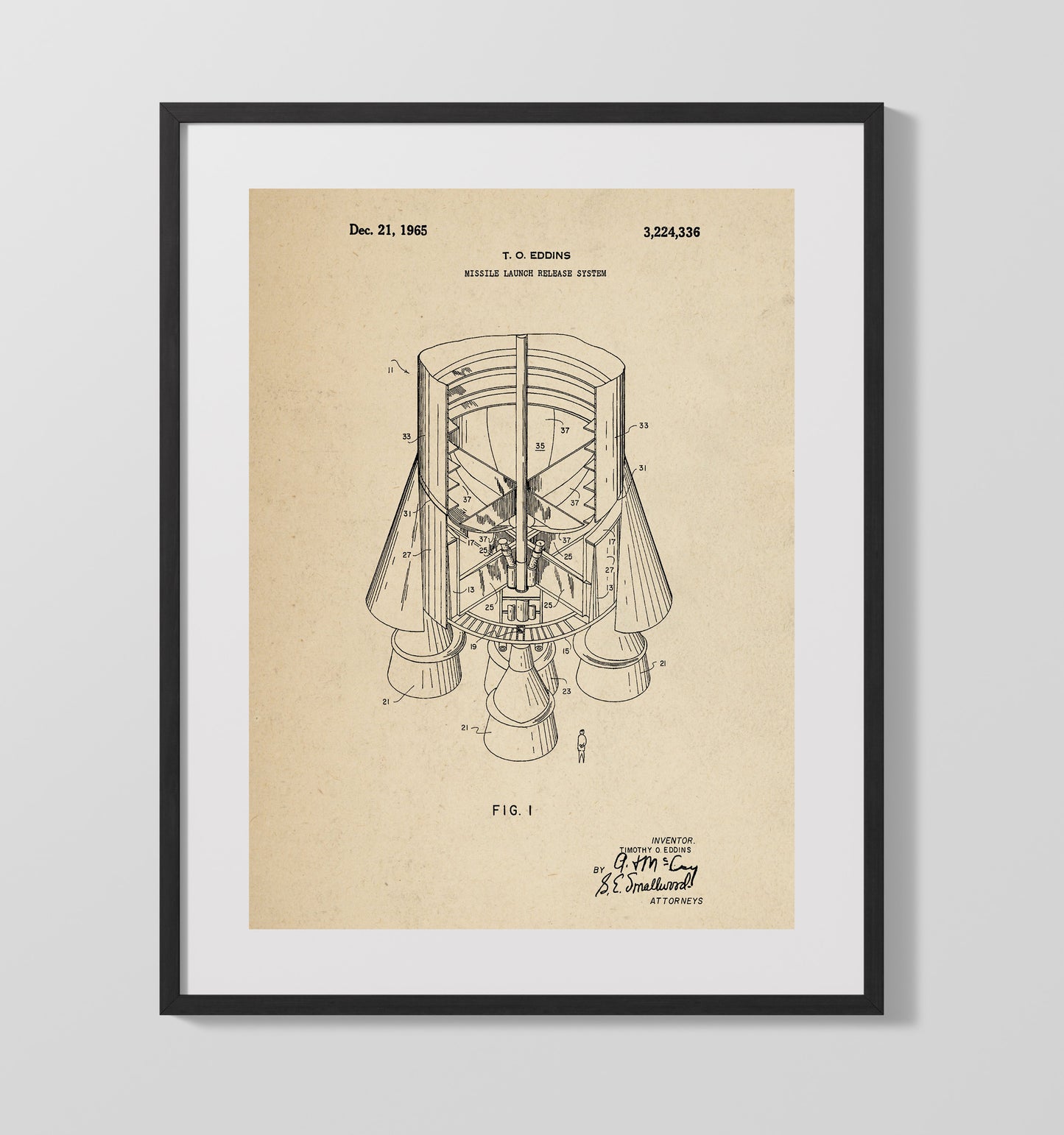 Patent Print - Missile Launch Release System - Timothy O Eddins - 1965 - Patent 3224336 Patent Wall Art