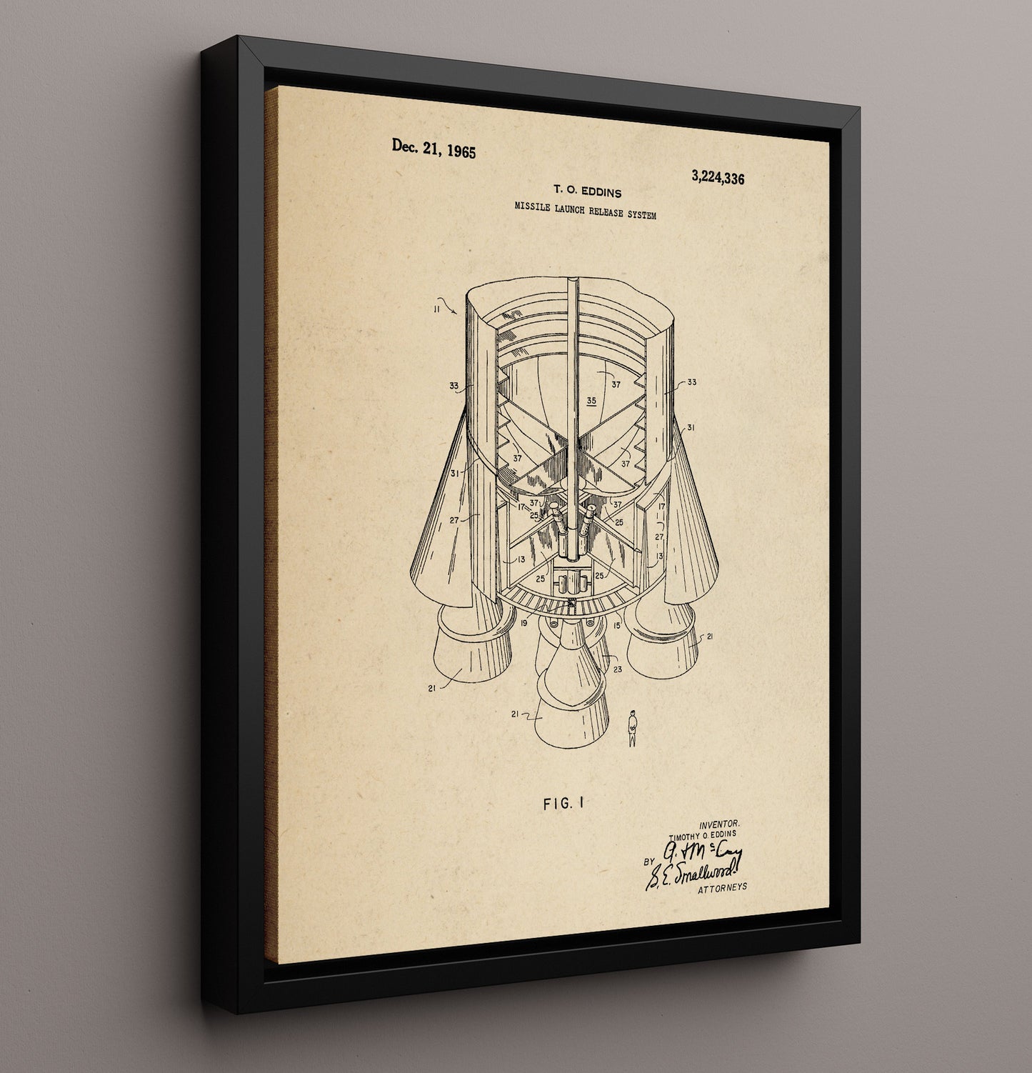 Patent Print - Missile Launch Release System - Timothy O Eddins - 1965 - Patent 3224336 Patent Wall Art