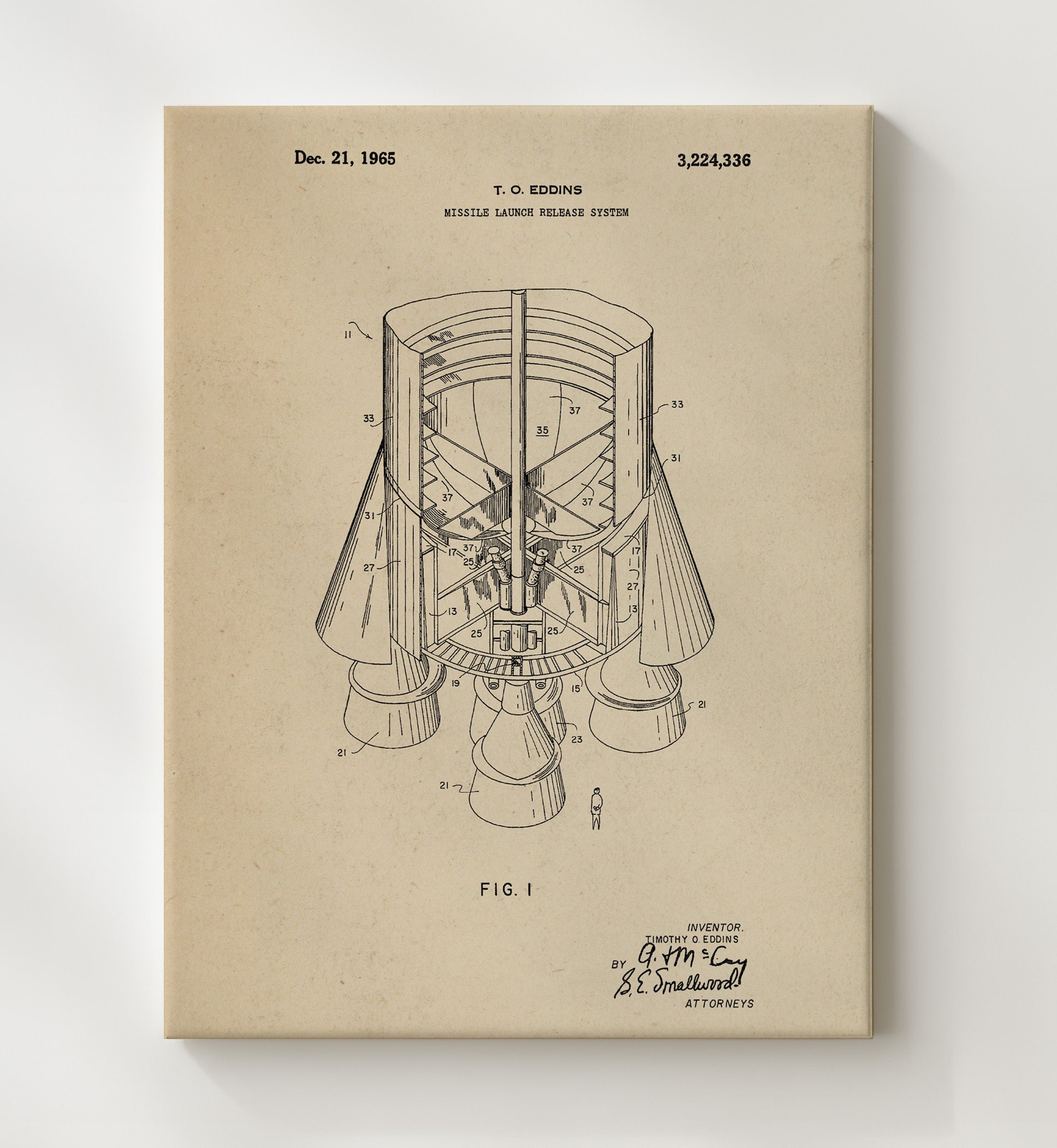 Patent Print - Missile Launch Release System - Timothy O Eddins - 1965 - Patent 3224336 Patent Wall Art