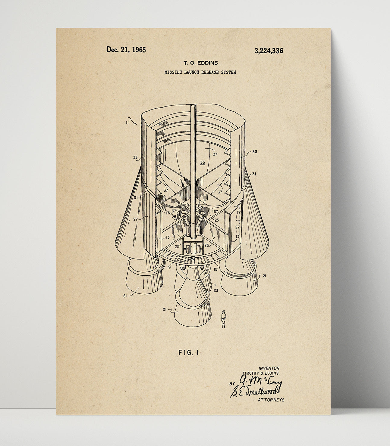 Patent Print - Missile Launch Release System - Timothy O Eddins - 1965 - Patent 3224336 Patent Wall Art