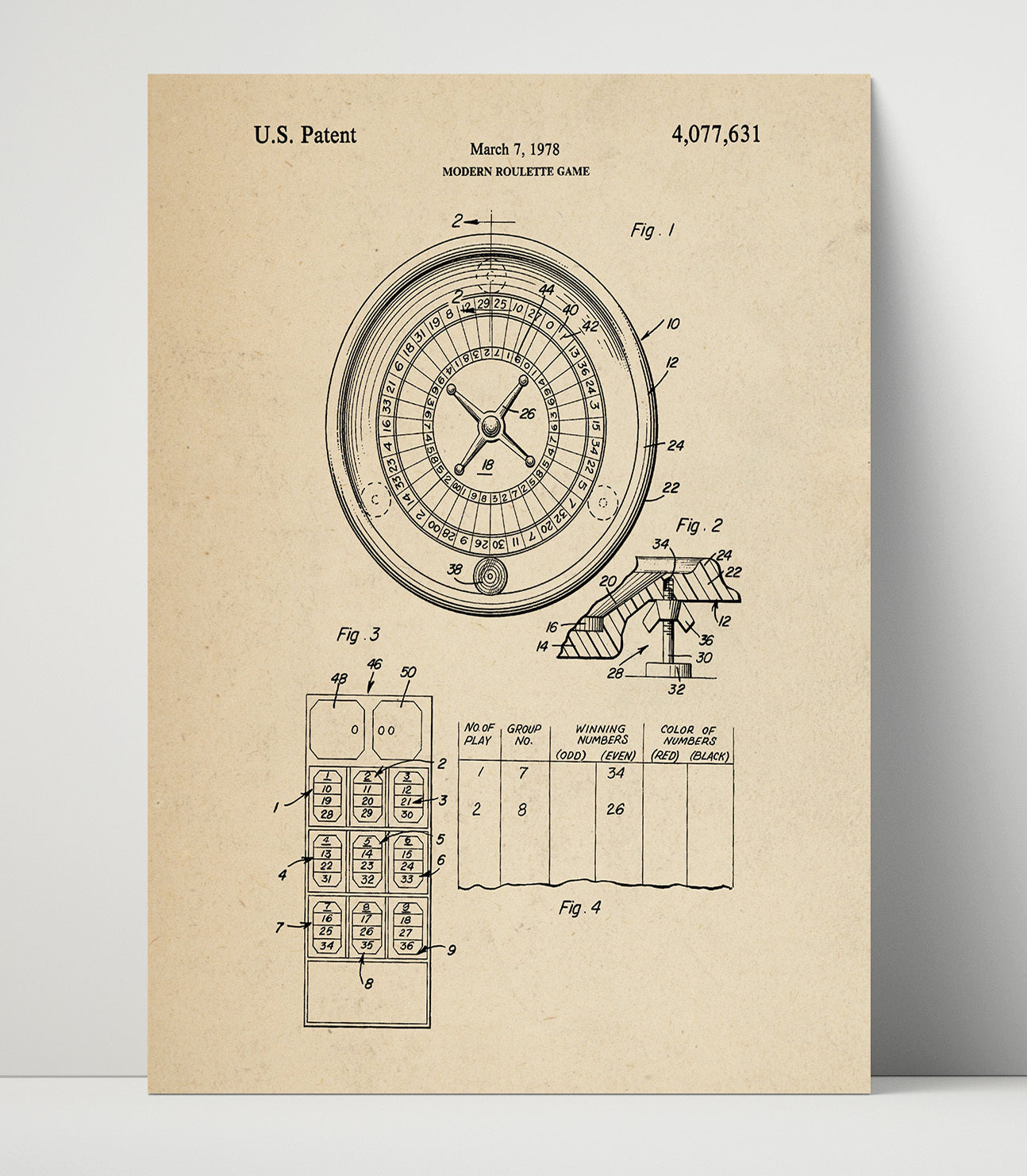 Patent Print - Modern Roulette Game - Unknown Inventor - 1978 - Patent 4077631 Patent Wall Art