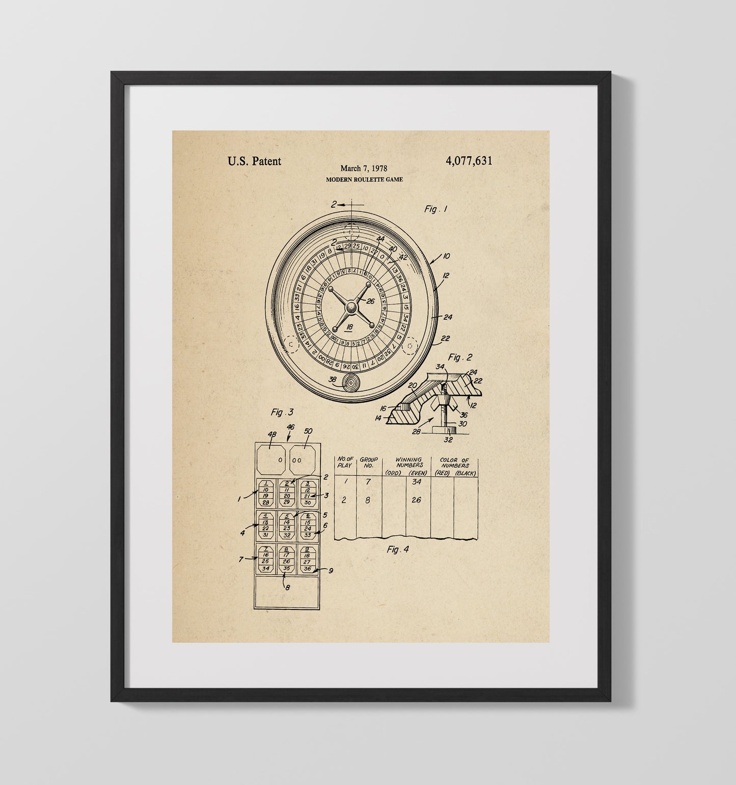 Patent Print - Modern Roulette Game - Unknown Inventor - 1978 - Patent 4077631 Patent Wall Art