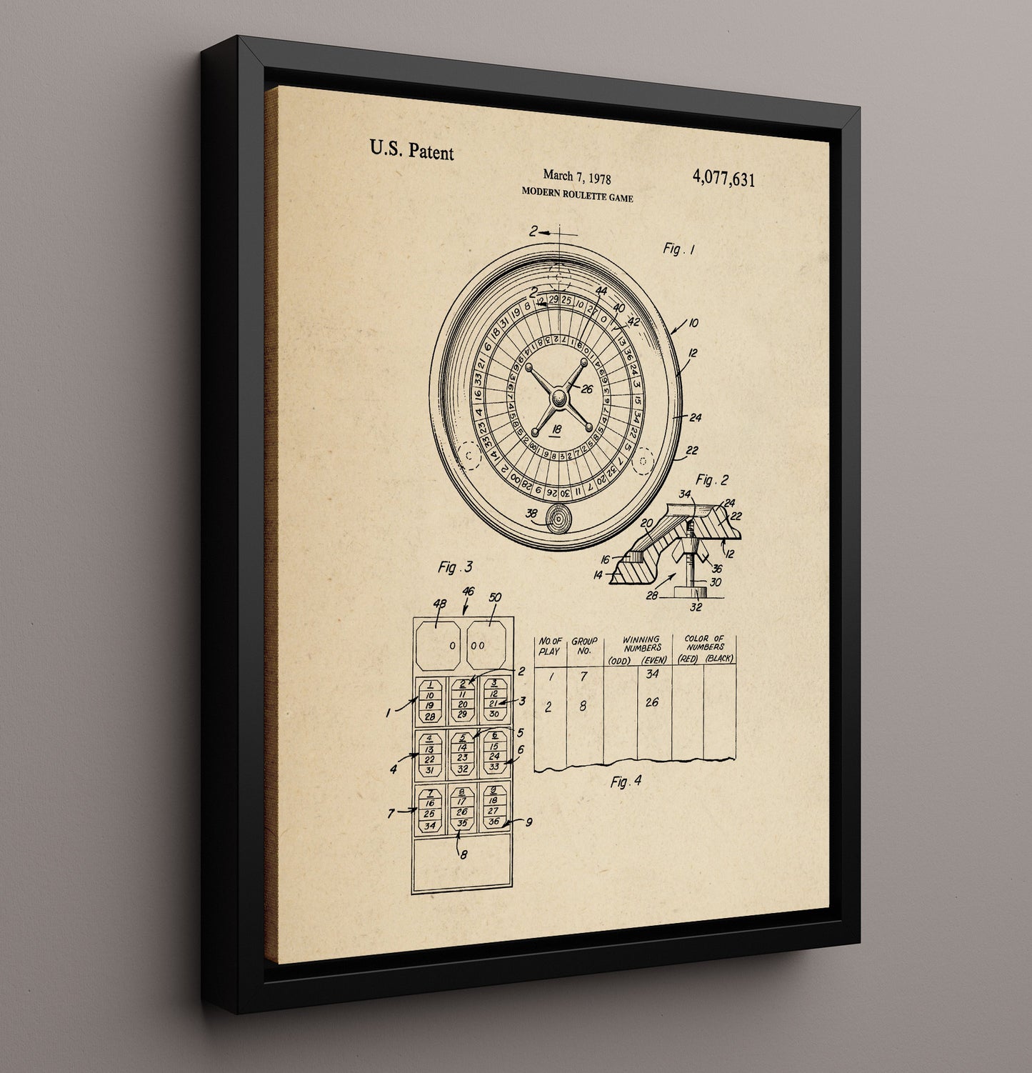 Patent Print - Modern Roulette Game - Unknown Inventor - 1978 - Patent 4077631 Patent Wall Art