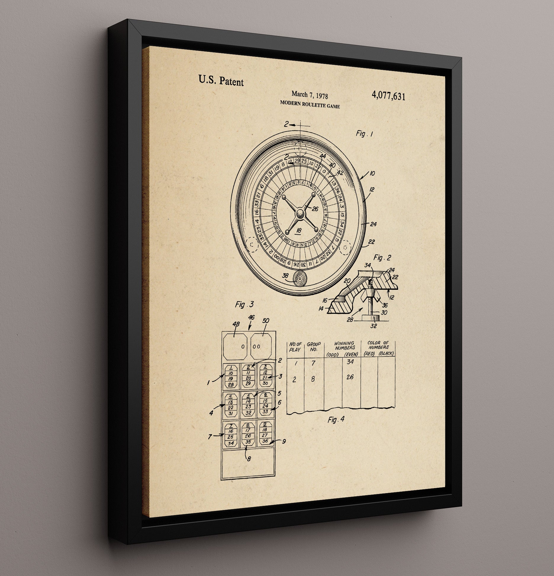 Patent Print - Modern Roulette Game - Unknown Inventor - 1978 - Patent 4077631 Patent Wall Art