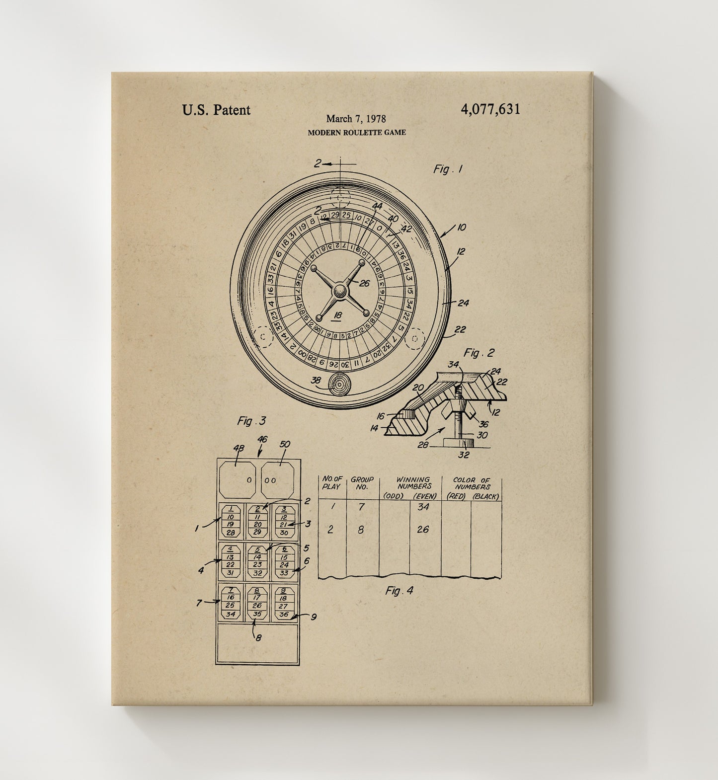 Patent Print - Modern Roulette Game - Unknown Inventor - 1978 - Patent 4077631 Patent Wall Art