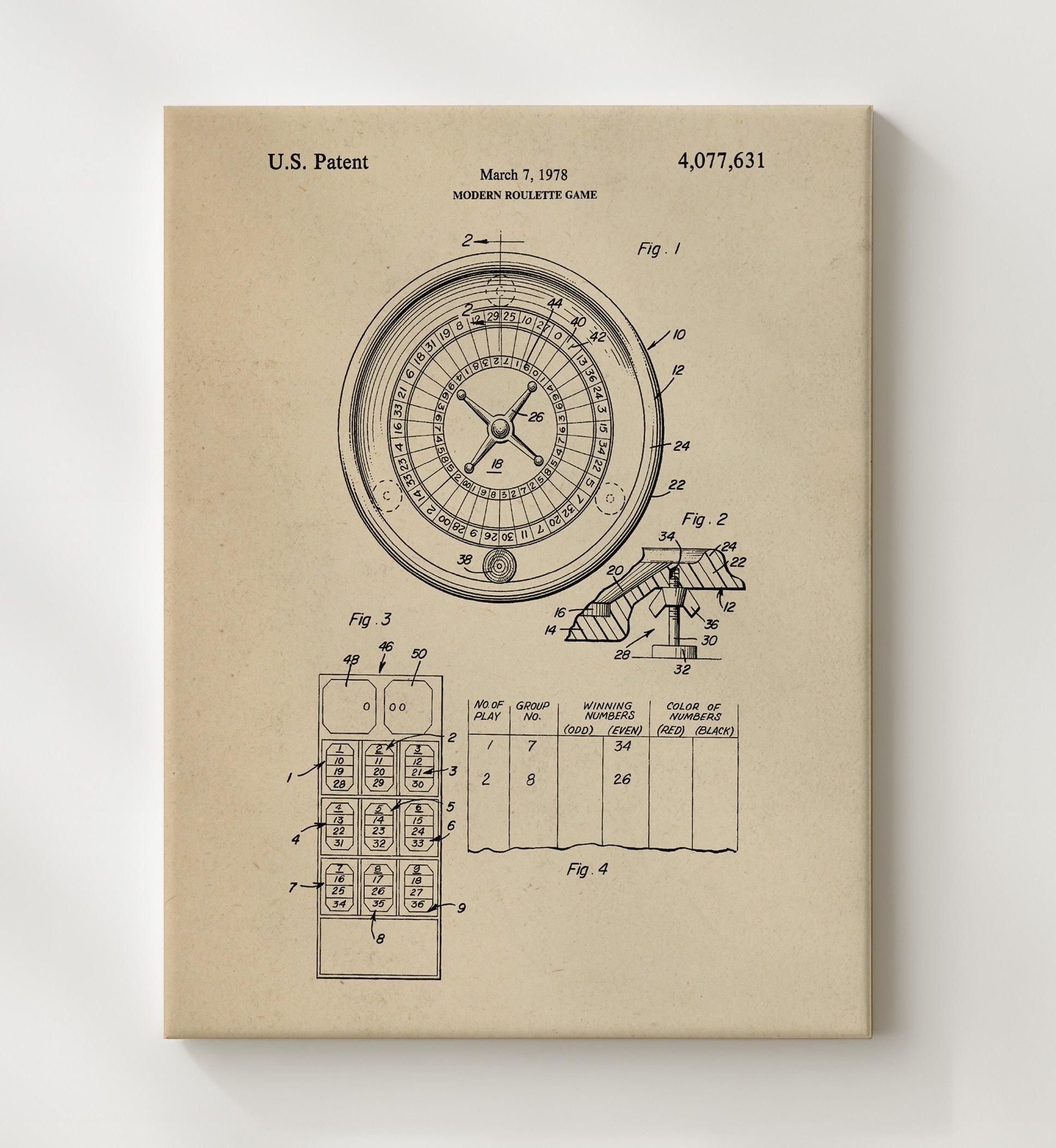 Patent Print - Modern Roulette Game - Unknown Inventor - 1978 - Patent 4077631 Patent Wall Art
