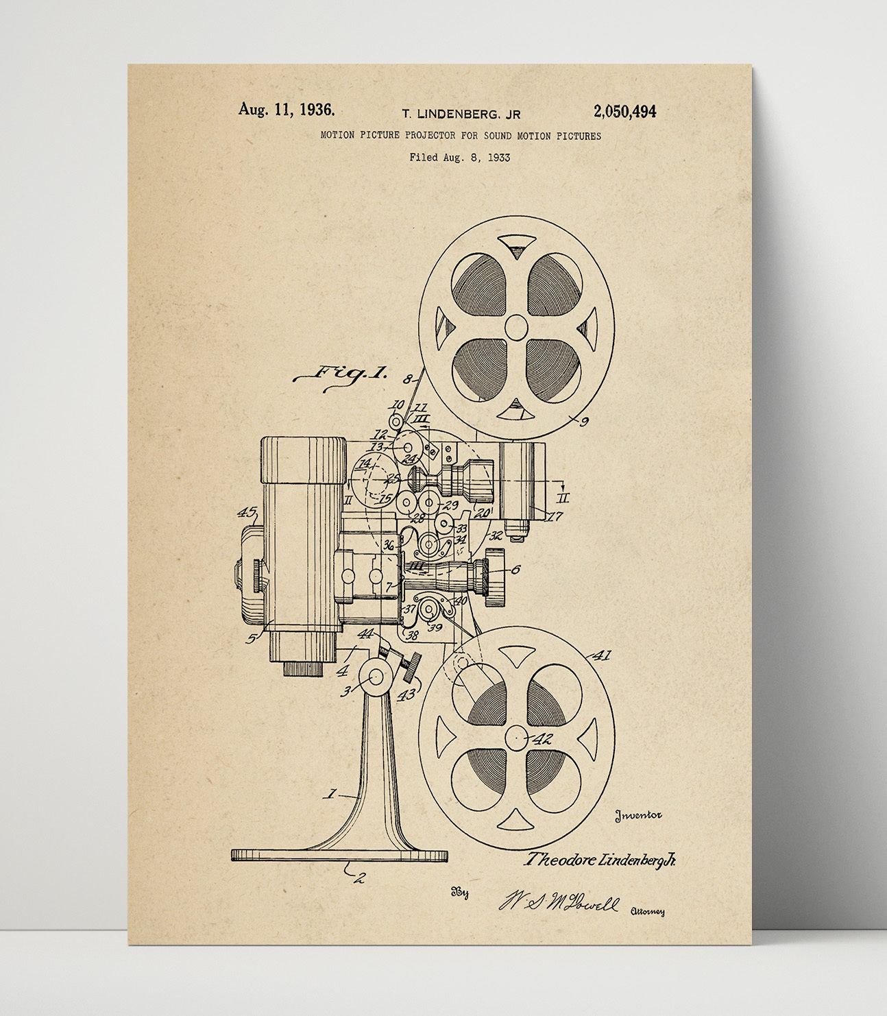 Patent Print - Motion Picture Projector For Sound Motion Pictures - T. Lindenberg Jr. - 1936 - Patent 2050494 Patent Wall Art