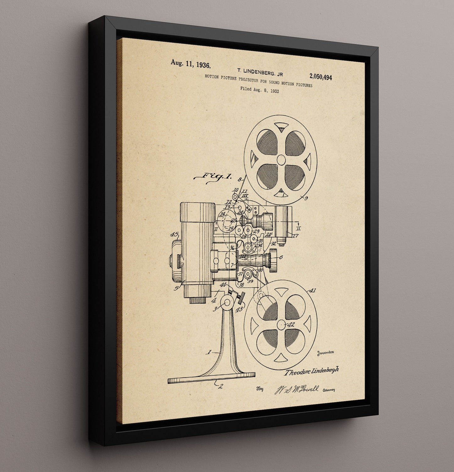 Patent Print - Motion Picture Projector For Sound Motion Pictures - T. Lindenberg Jr. - 1936 - Patent 2050494 Patent Wall Art