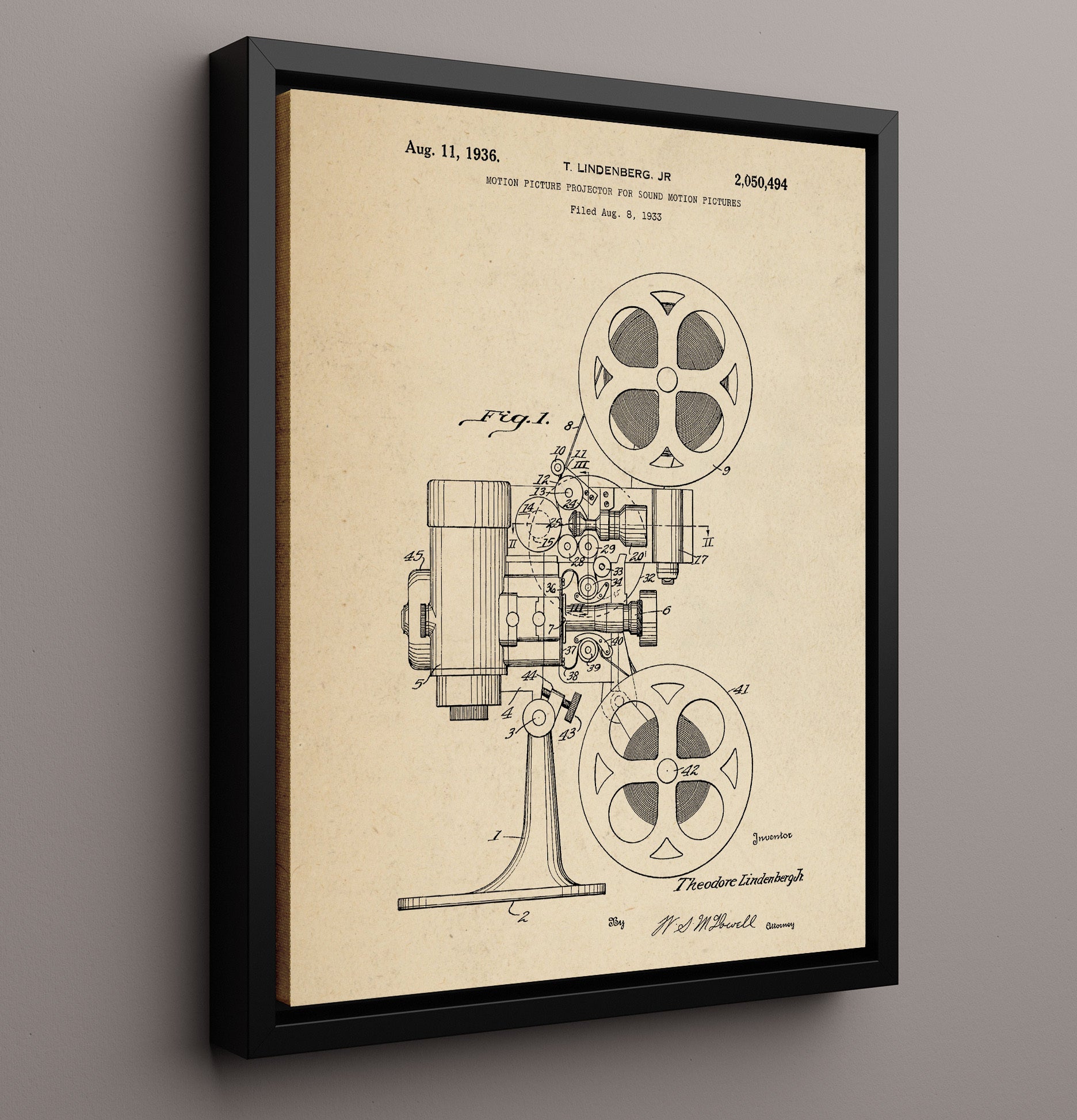 Patent Print - Motion Picture Projector For Sound Motion Pictures - T. Lindenberg Jr. - 1936 - Patent 2050494 Patent Wall Art