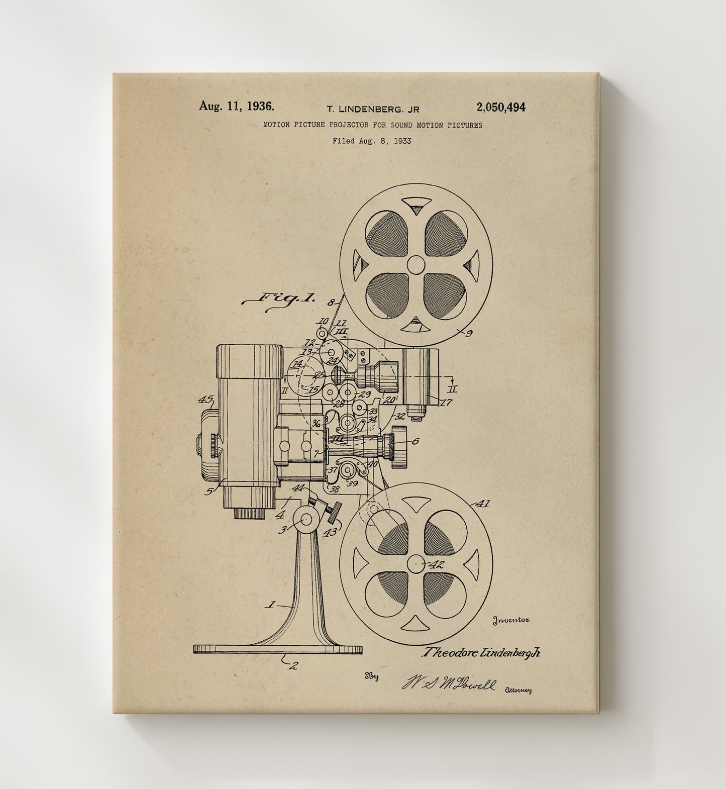 Patent Print - Motion Picture Projector For Sound Motion Pictures - T. Lindenberg Jr. - 1936 - Patent 2050494 Patent Wall Art