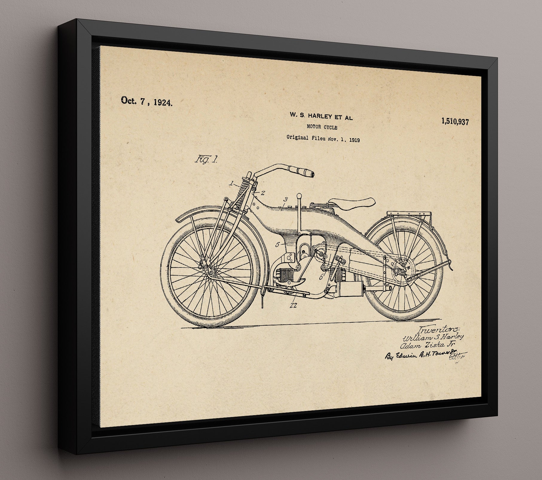 Patent Print - Motor Cycle - William S Harley And Adam Ziska Jr - 1924 - Patent 1510937 - Landscape Patent Wall Art
