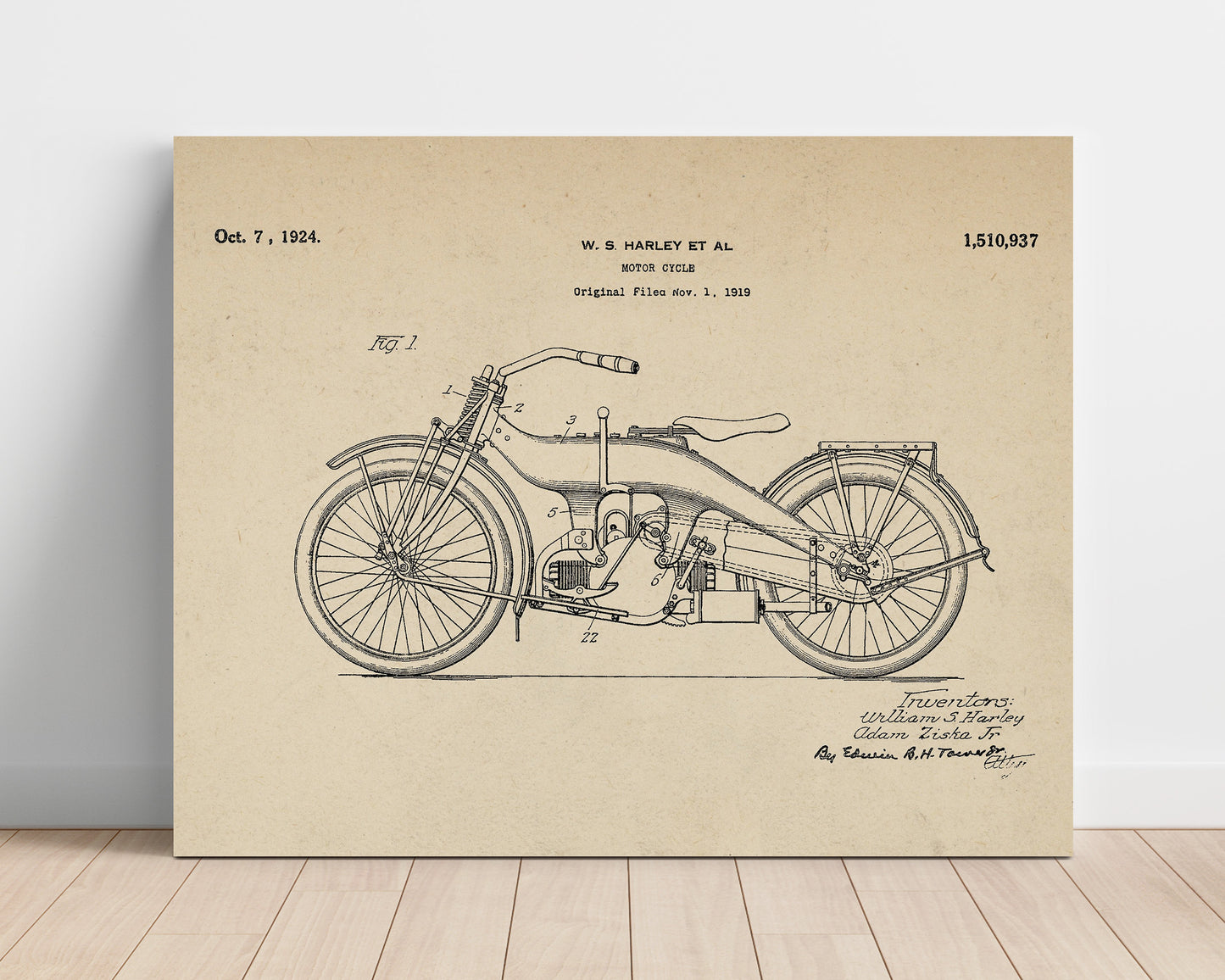 Patent Print - Motor Cycle - William S Harley And Adam Ziska Jr - 1924 - Patent 1510937 - Landscape Patent Wall Art