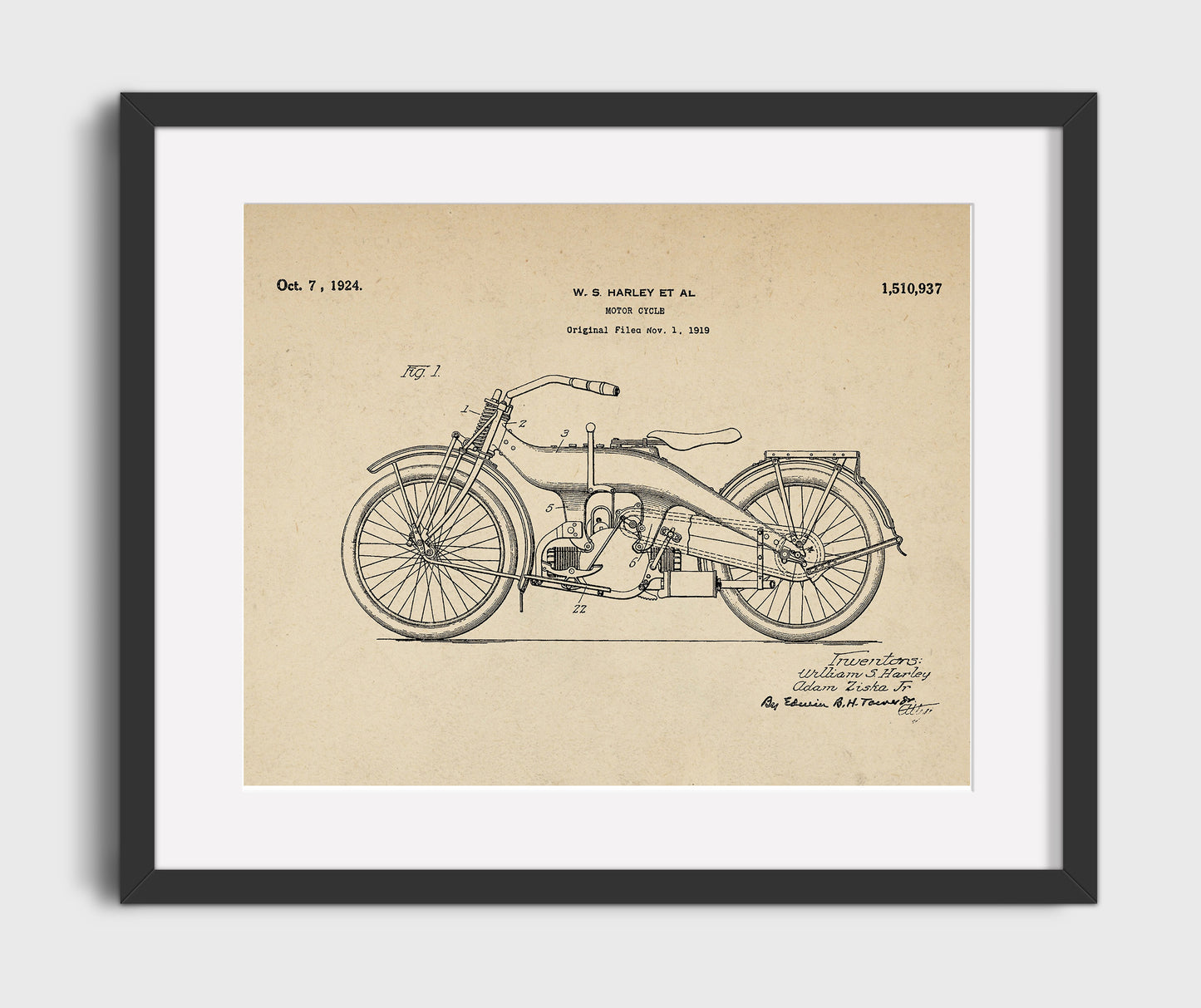 Patent Print - Motor Cycle - William S Harley And Adam Ziska Jr - 1924 - Patent 1510937 - Landscape Patent Wall Art