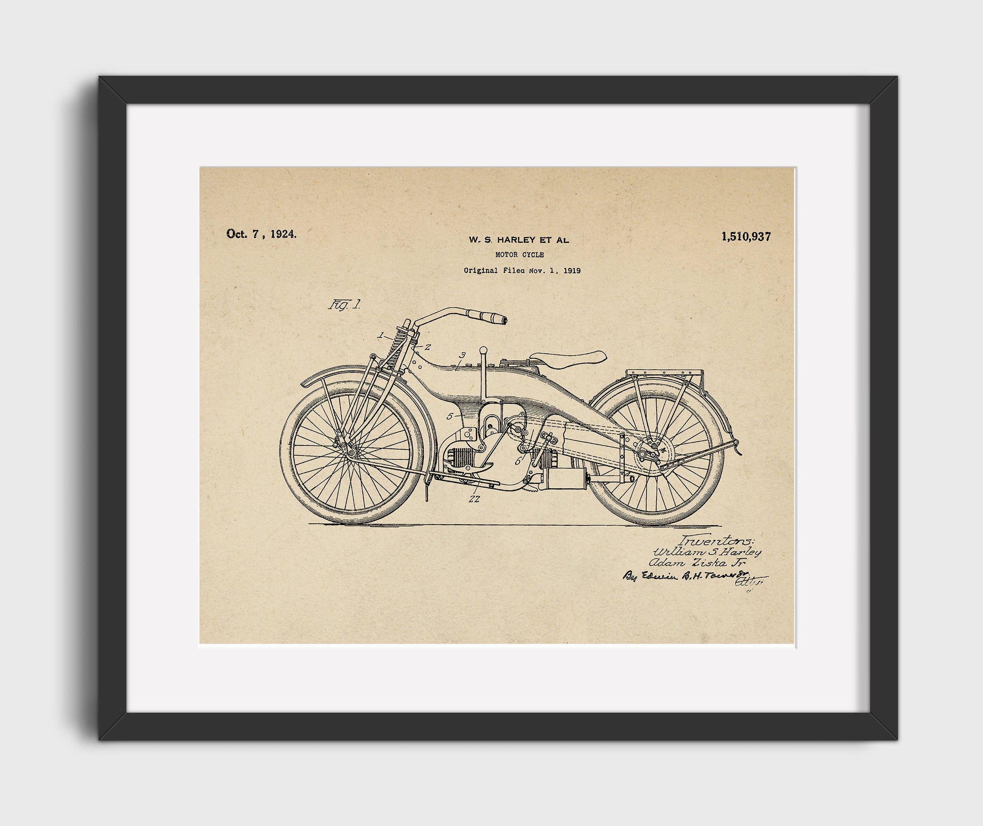 Patent Print - Motor Cycle - William S Harley And Adam Ziska Jr - 1924 - Patent 1510937 - Landscape Patent Wall Art