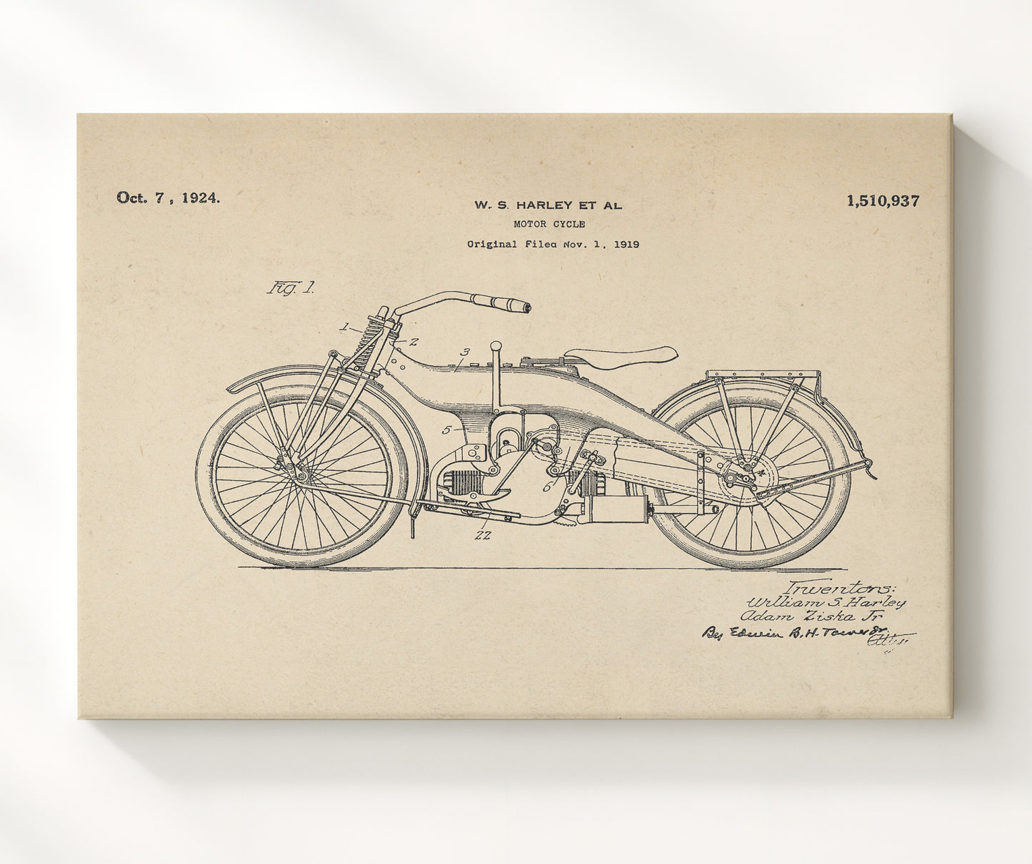 Patent Print - Motor Cycle - William S Harley And Adam Ziska Jr - 1924 - Patent 1510937 - Landscape Patent Wall Art