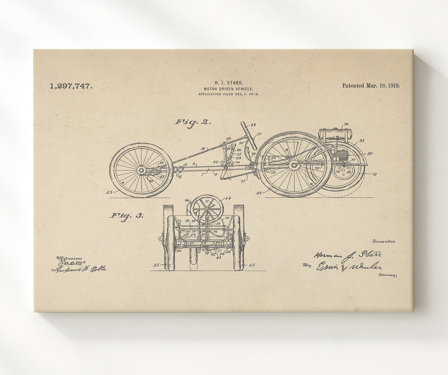 Patent Print - Motor Driven Vehicle - Herman J Starr - 1919 - Patent 1297747 - Landscape Patent Wall Art