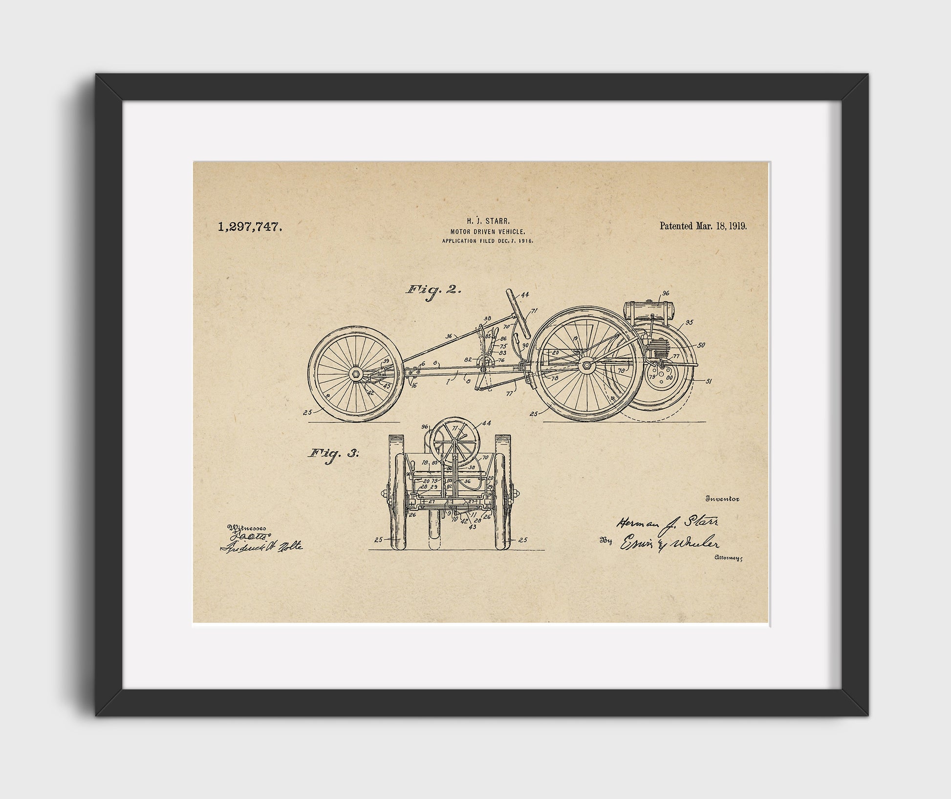 Patent Print - Motor Driven Vehicle - Herman J Starr - 1919 - Patent 1297747 - Landscape Patent Wall Art