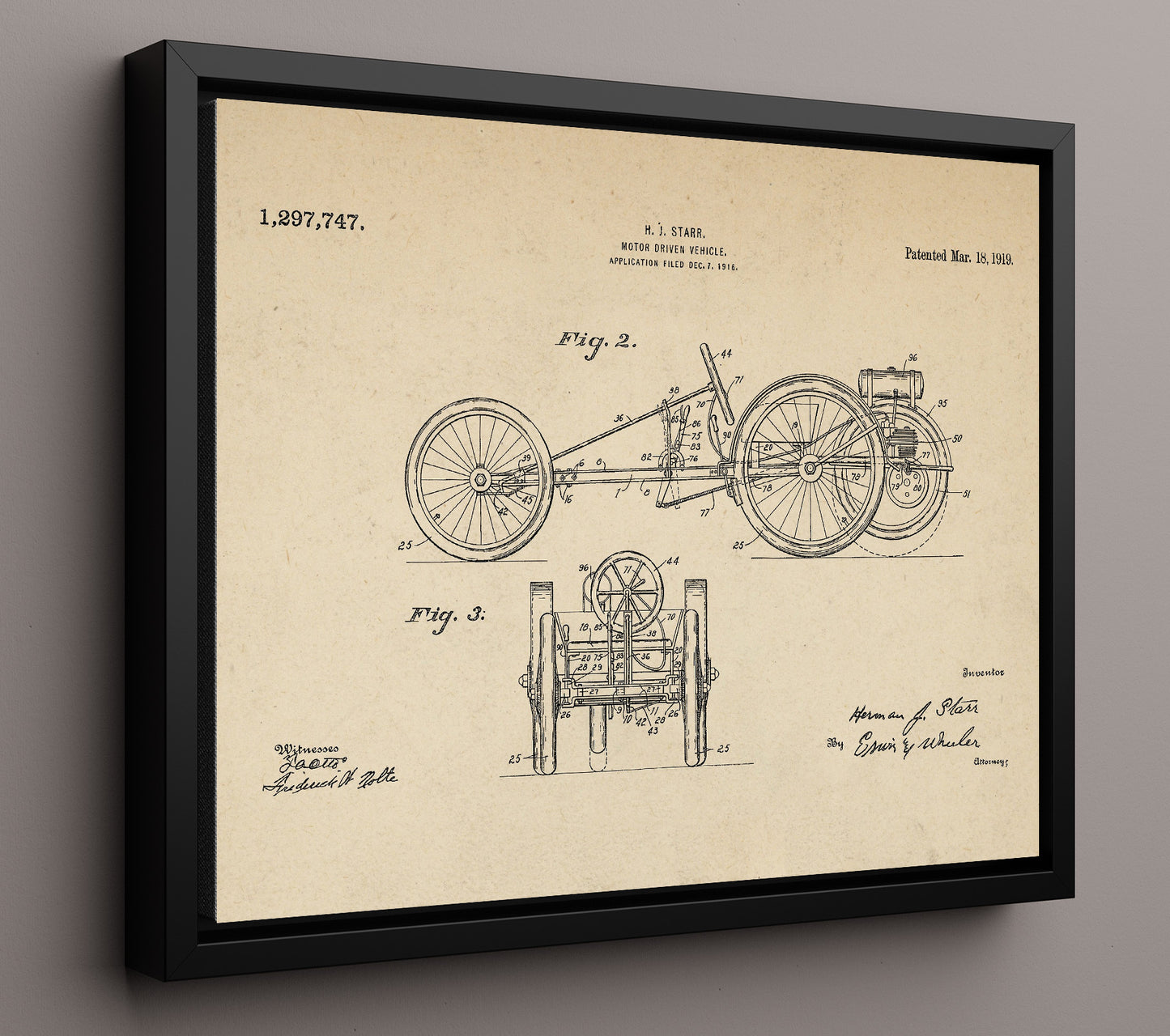Patent Print - Motor Driven Vehicle - Herman J Starr - 1919 - Patent 1297747 - Landscape Patent Wall Art
