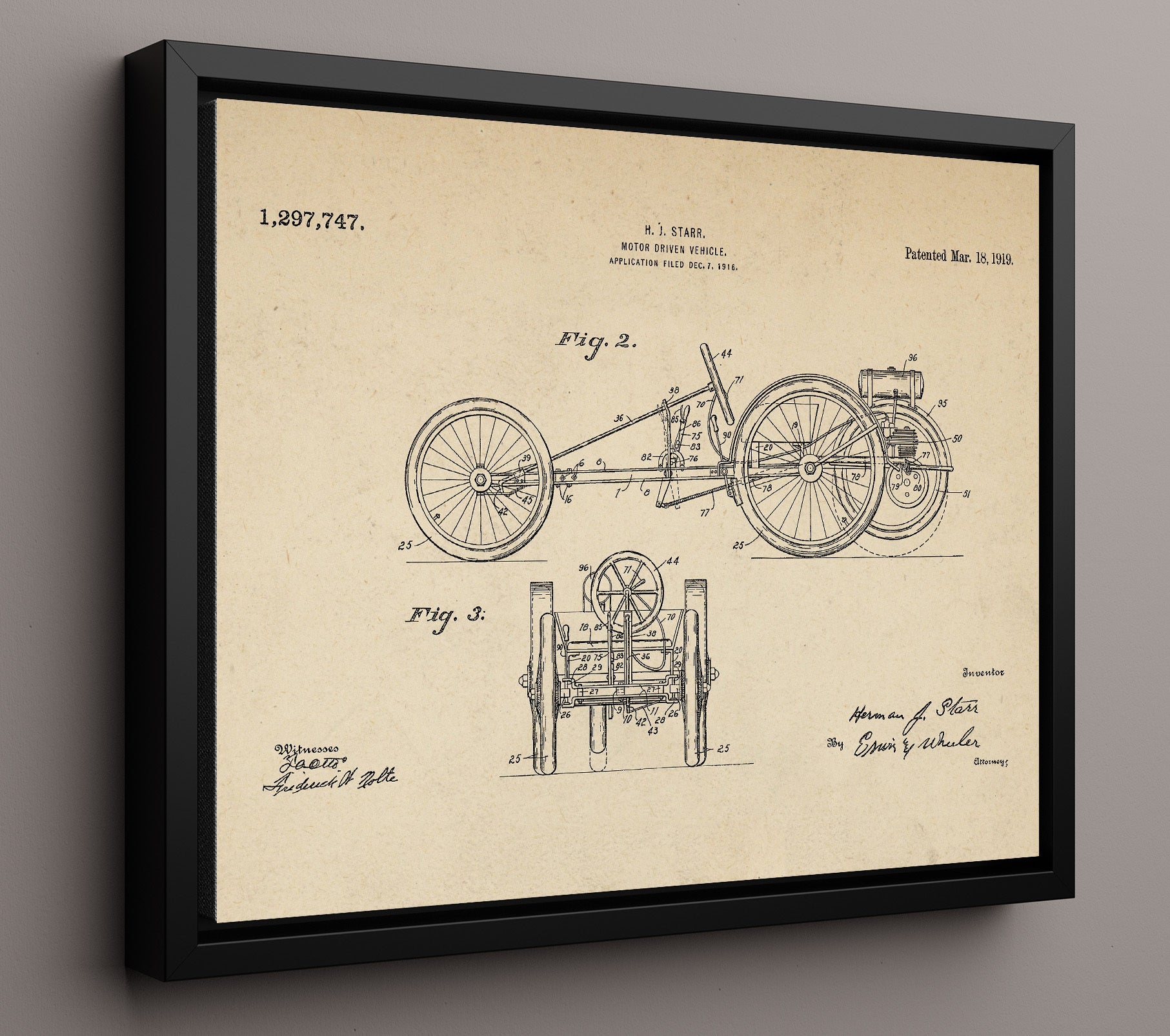 Patent Print - Motor Driven Vehicle - Herman J Starr - 1919 - Patent 1297747 - Landscape Patent Wall Art
