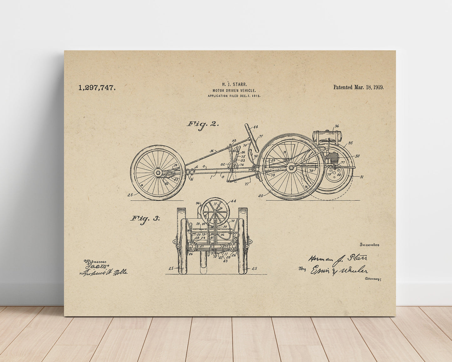Patent Print - Motor Driven Vehicle - Herman J Starr - 1919 - Patent 1297747 - Landscape Patent Wall Art