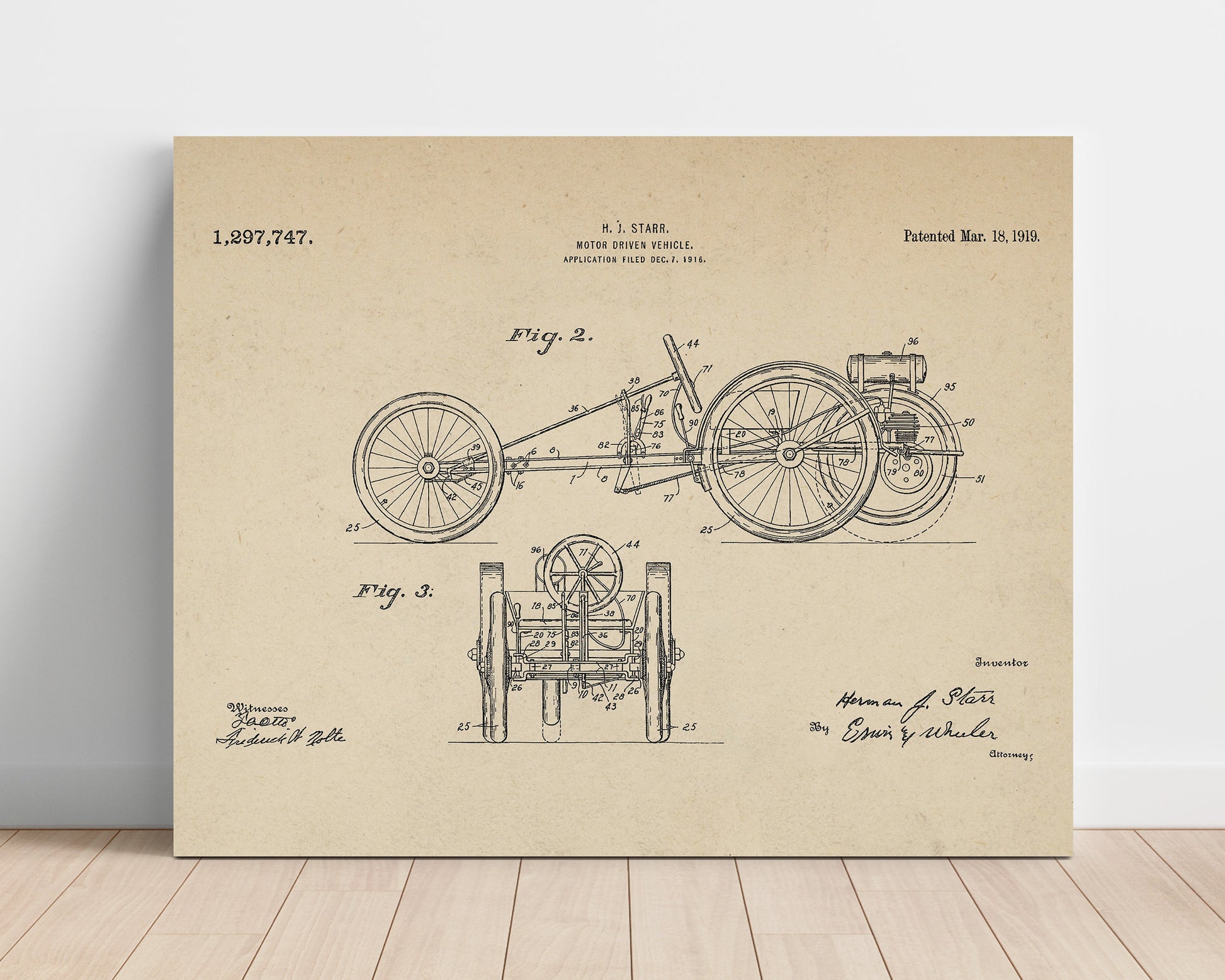 Patent Print - Motor Driven Vehicle - Herman J Starr - 1919 - Patent 1297747 - Landscape Patent Wall Art