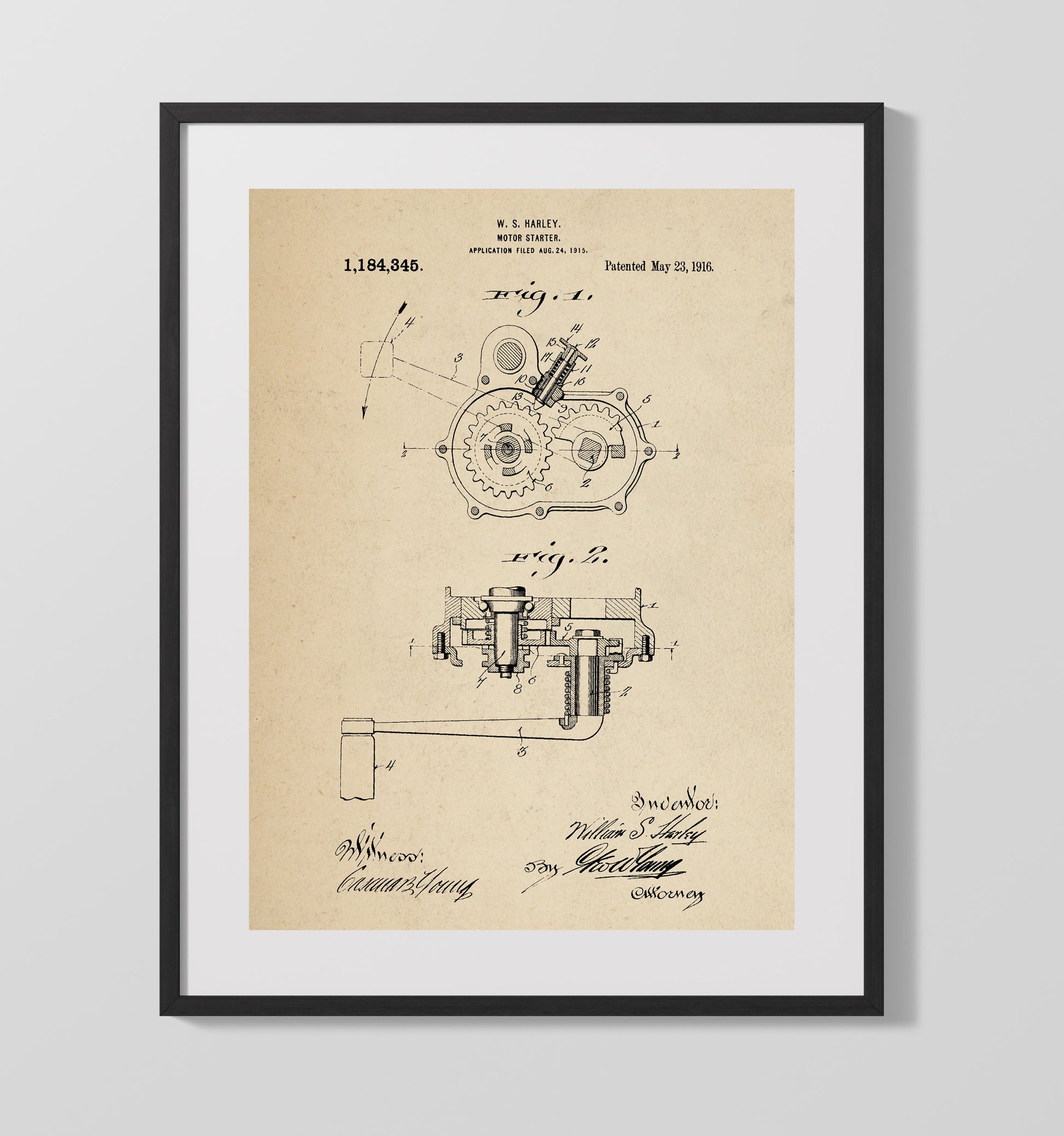 Patent Print - Motor Starter - William S Harley - 1916 - Patent 1184345 Patent Wall Art