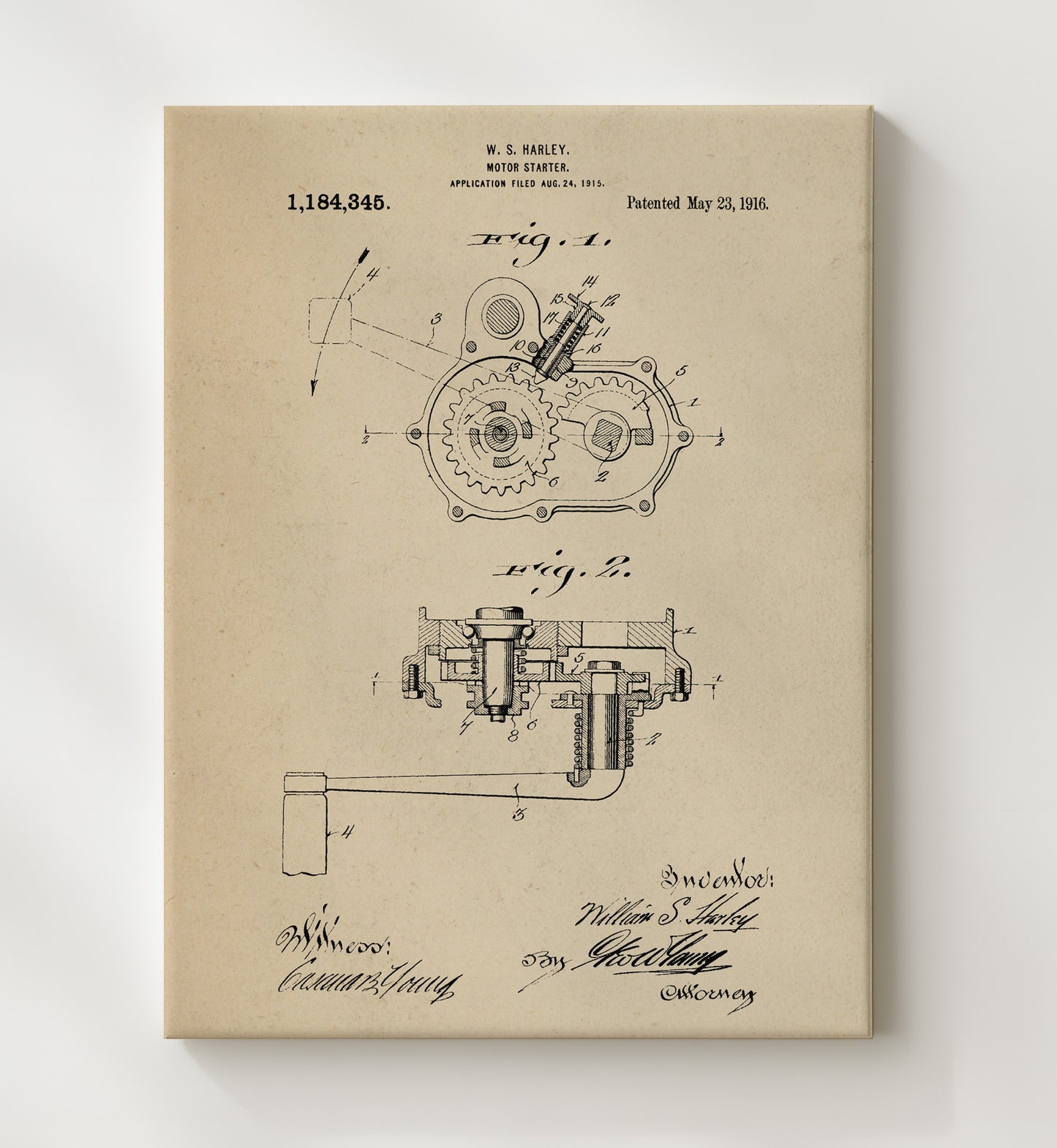 Patent Print - Motor Starter - William S Harley - 1916 - Patent 1184345 Patent Wall Art