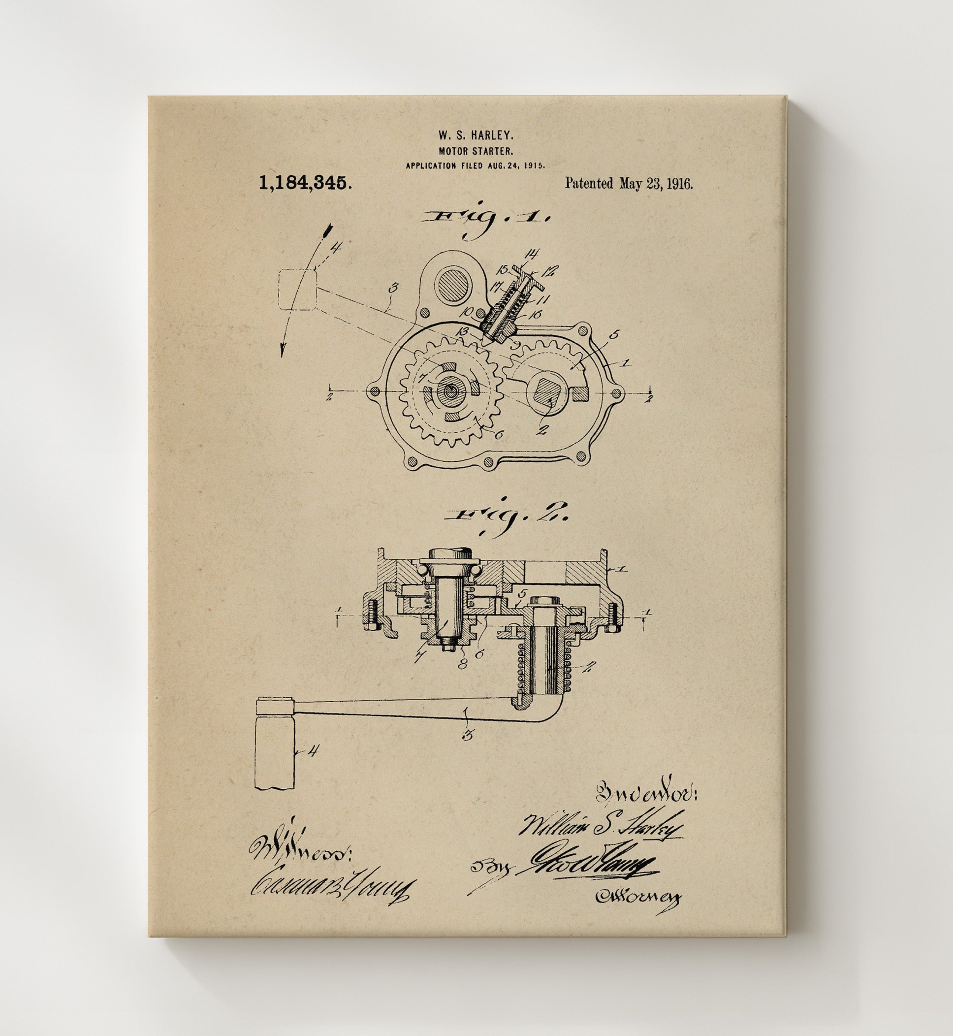 Patent Print - Motor Starter - William S Harley - 1916 - Patent 1184345 Patent Wall Art
