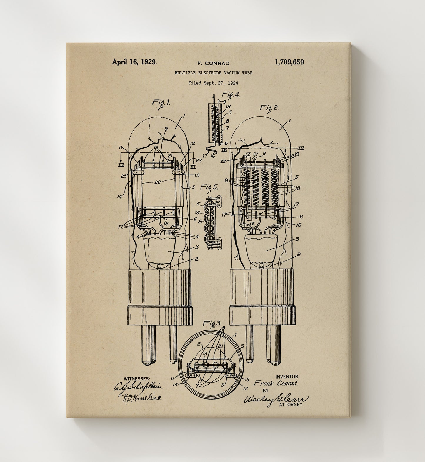 Patent Print - Multiple Electrode Vacuum Tube - Frank Conrad - 1929 - Patent 1709659 Patent Wall Art