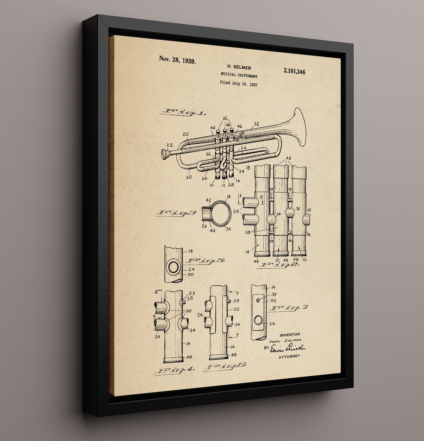 Patent Print - Musical Instrument - Henri Selmer - 1939 - Patent 2181346 Patent Wall Art