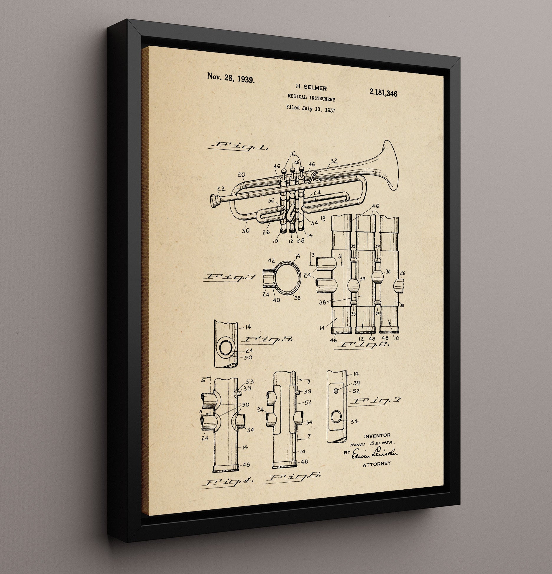 Patent Print - Musical Instrument - Henri Selmer - 1939 - Patent 2181346 Patent Wall Art