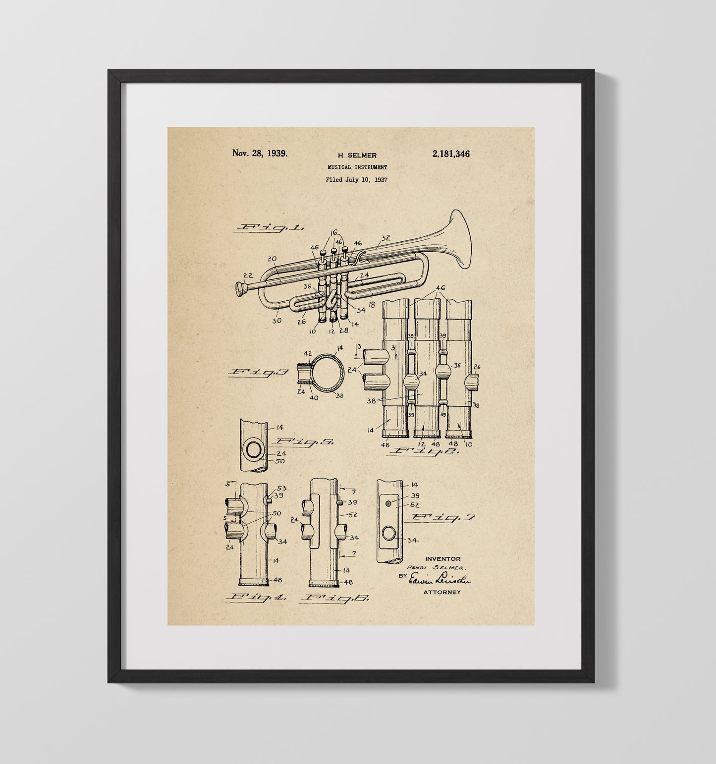 Patent Print - Musical Instrument - Henri Selmer - 1939 - Patent 2181346 Patent Wall Art