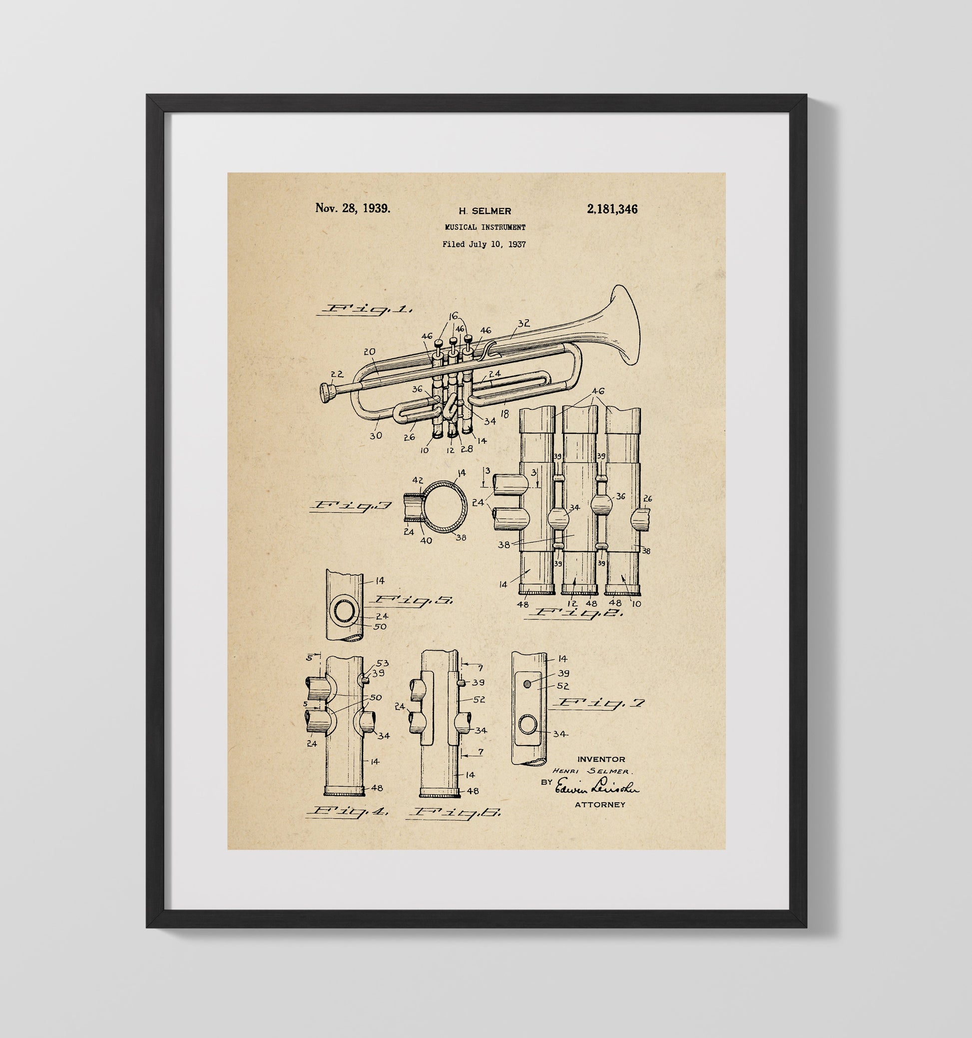 Patent Print - Musical Instrument - Henri Selmer - 1939 - Patent 2181346 Patent Wall Art
