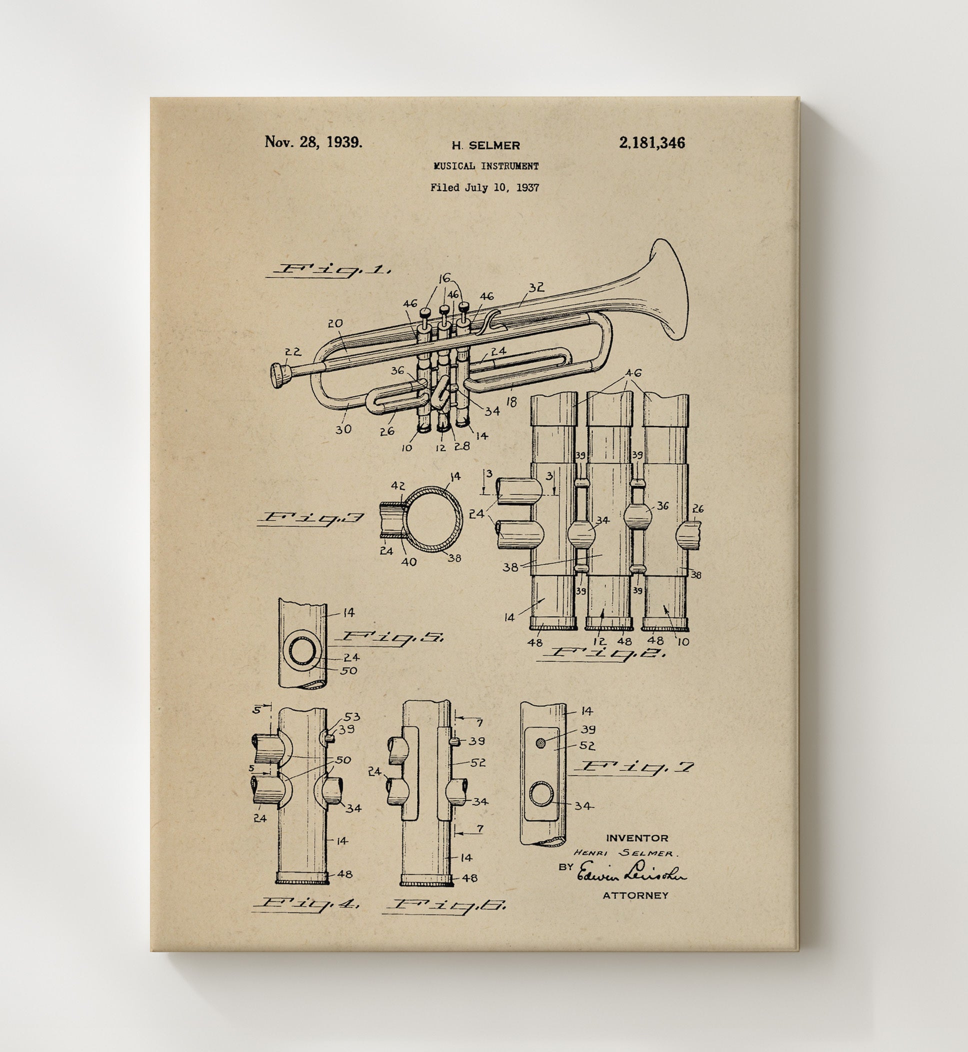 Patent Print - Musical Instrument - Henri Selmer - 1939 - Patent 2181346 Patent Wall Art