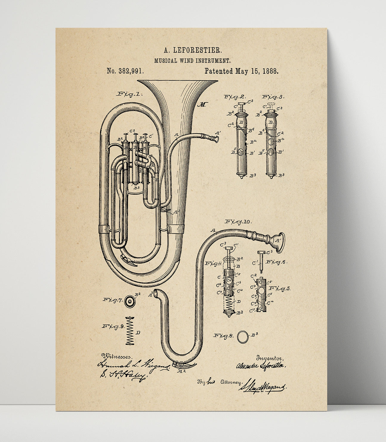 Patent Print - Musical Wind Instrument - Alexander Leforestier - 1888 - Patent 382991 Patent Wall Art