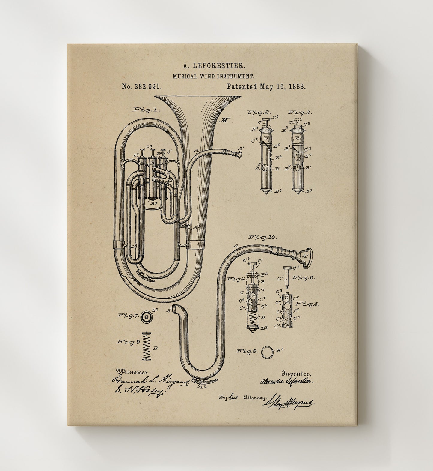 Patent Print - Musical Wind Instrument - Alexander Leforestier - 1888 - Patent 382991 Patent Wall Art