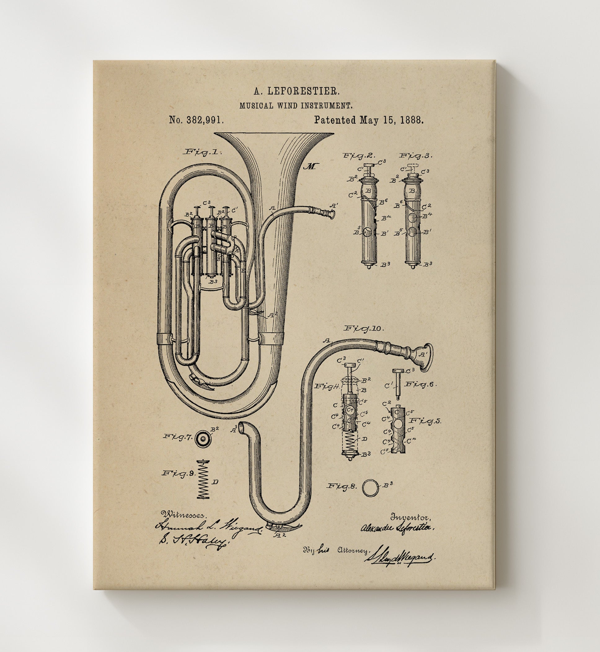 Patent Print - Musical Wind Instrument - Alexander Leforestier - 1888 - Patent 382991 Patent Wall Art