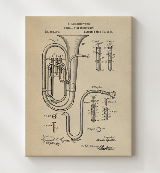 Musical Wind Instrument 1888 patent print wall art 8x10 Canvas